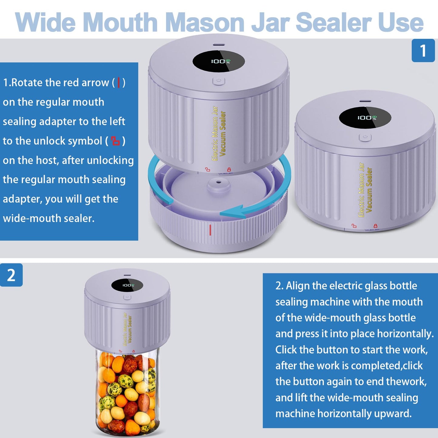 Electric Mason Jar Vacuum Sealer Kit for Wide Mouth and Regular Mouth Mason Jar - Purple