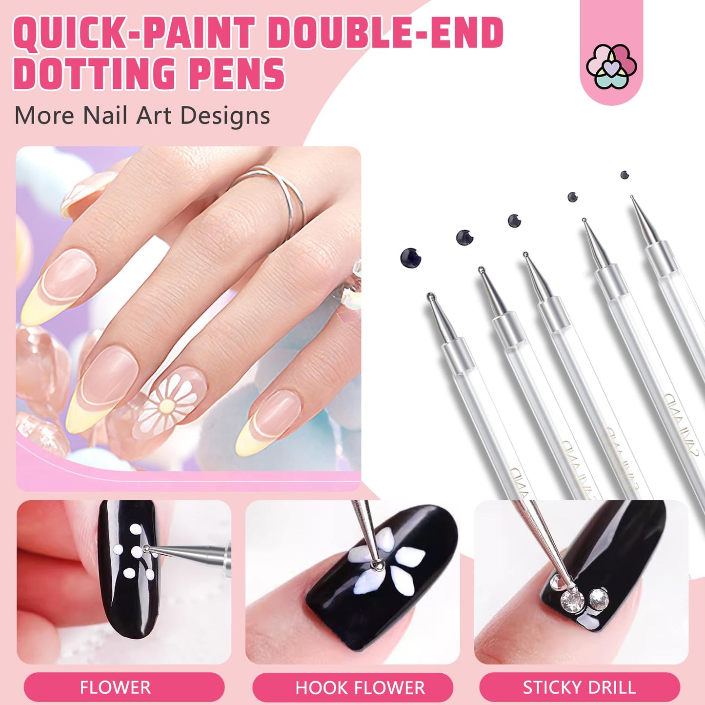 SAVILAND Quick-Paint Dotting Tools Nail Art Pen: 5PCS Multi-Size Nail Art Tools Double Ended Nail Design Kit for Dot Drawing Home Salon, Pattern Tracing Pen, Ball Embossing Pen for Transfer Paper