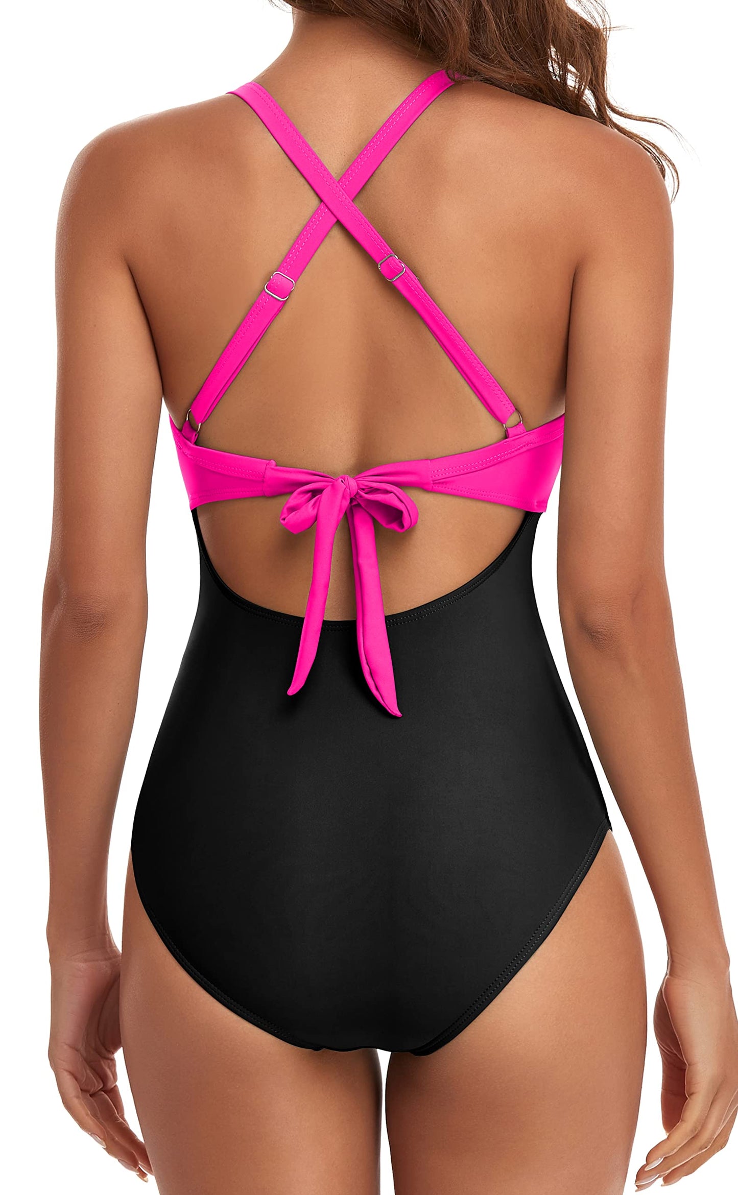 Eomenie Women's One Piece Swimsuits Tummy Control Cutout High Waisted Bathing Suit Wrap Tie Back 1 Piece Swimsuit Hot Pink Black