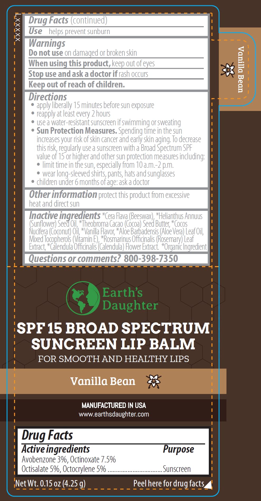Earth's Daughter SPF Lip Balm 4-Pack - Lip Sunscreen, SPF 15, Organic Ingredients, Vanilla Flavor, Beeswax, Coconut Oil, Vitamin E - Hypoallergenic, Paraben Free, Gluten Free