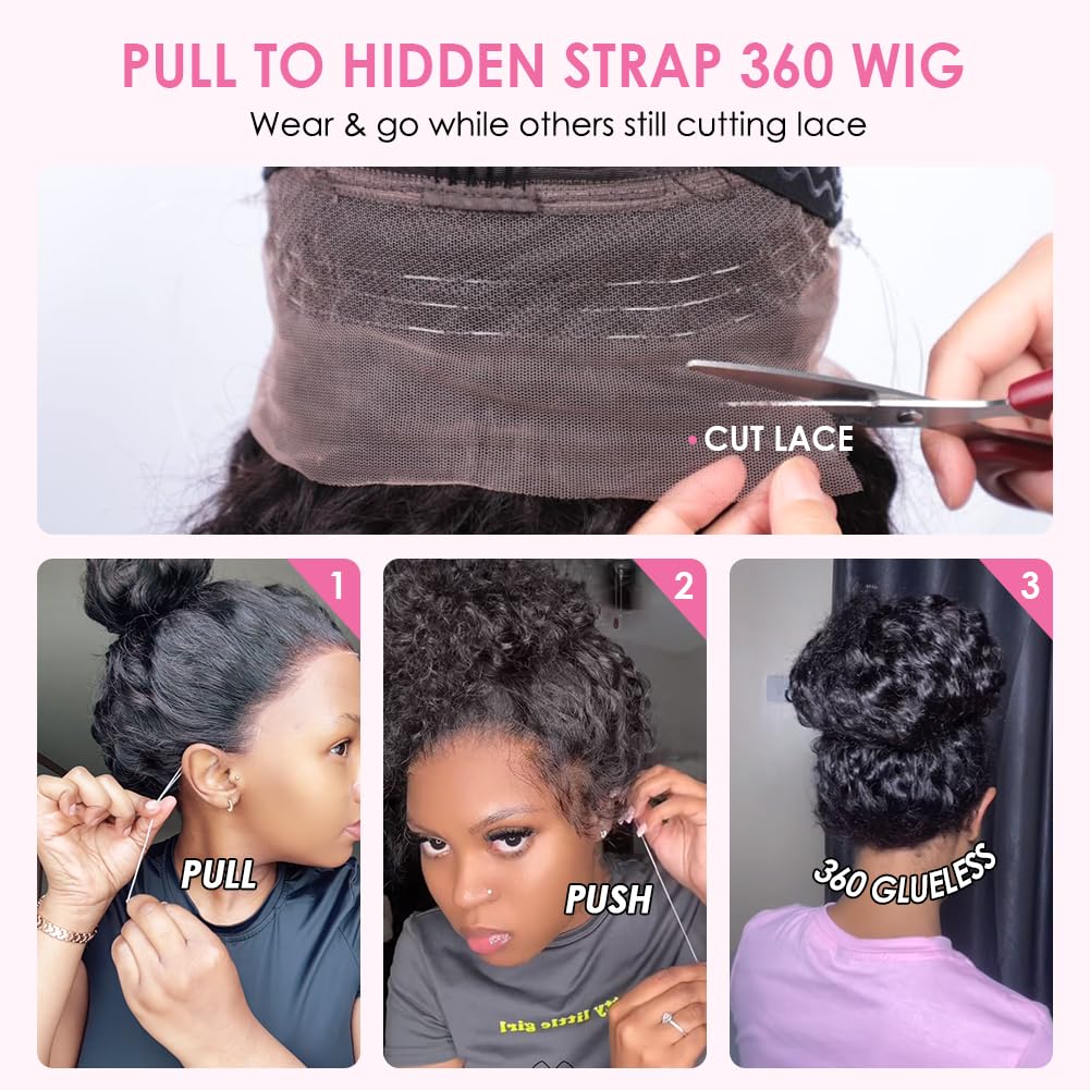 Ebarly Hidden Strap Water Wave 360 Glueless Wigs Human Hair Pre Plucked Pre bleached Human Hair Wig With Drawstring 180 Density Wet and Wavy HD Full Lace Front Wigs Human Hair 28 inch
