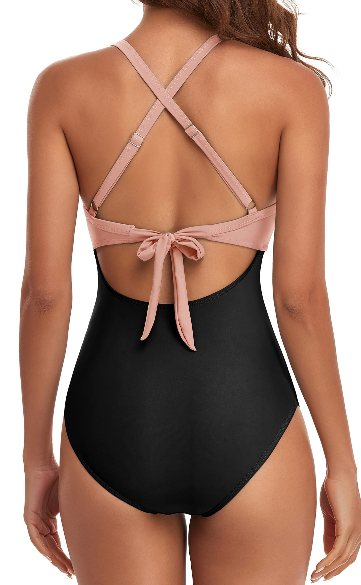 Eomenie Women's One Piece Swimsuits Tummy Control Cutout High Waisted Bathing Suit Wrap Tie Back 1 Piece Swimsuit Black Pink