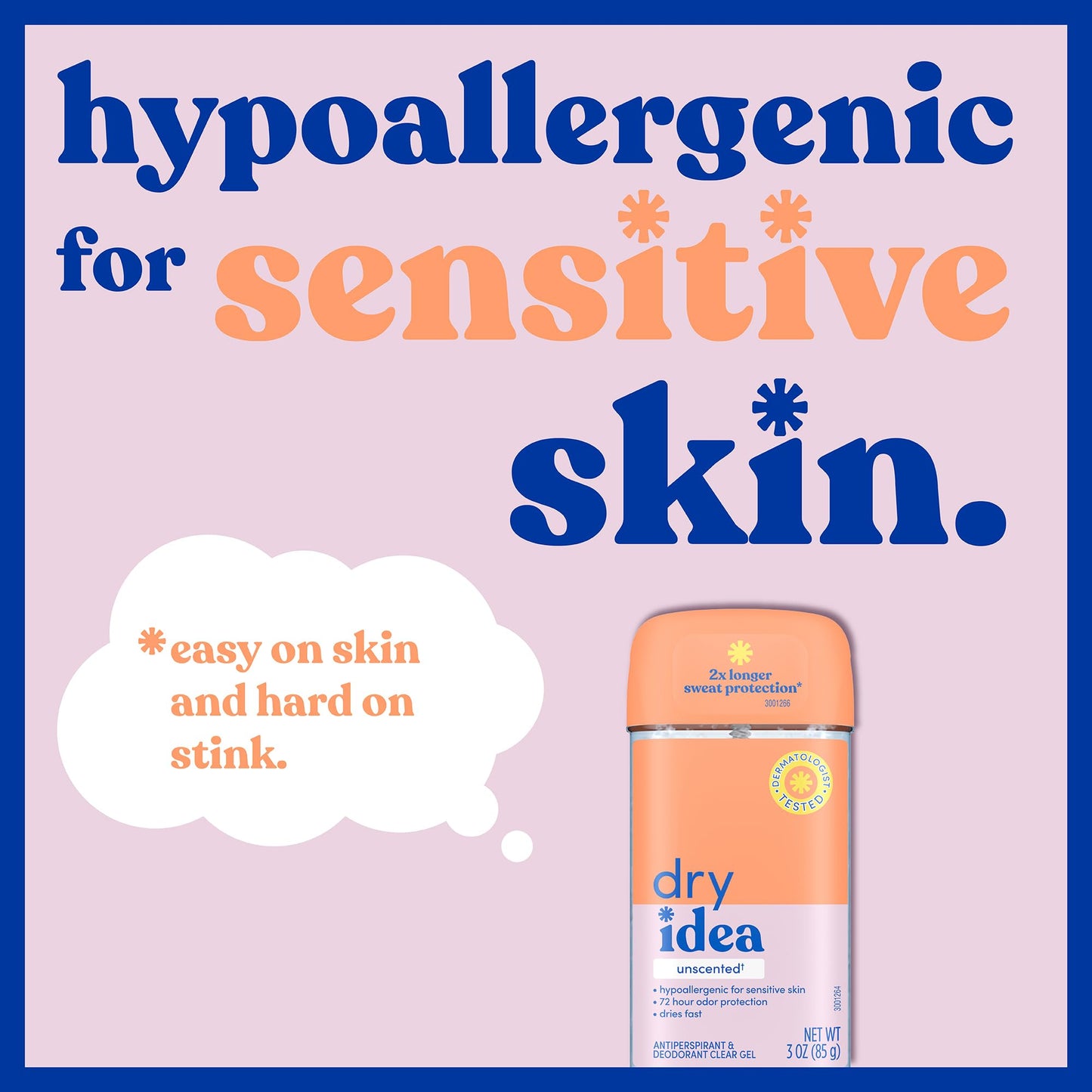 Dry Idea Gel Deodorant & Antiperspirant | 2X Longer Sweat Protection | 72-Hour Odor Protection | Unscented & Hypoallergenic for Sensitive Skin, 3 oz. (Pack of 3)