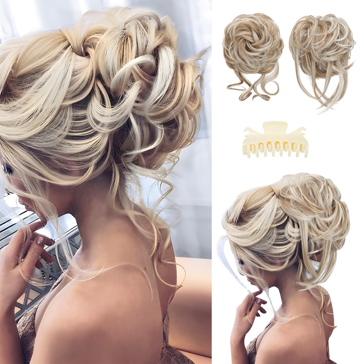 SARLA 2PCS Messy Bun Hair Pieces for Women Detachable Claw Clip Wavy Curly Synthetic Hairpieces for Updos with Tendrils Fake Scrunchies Ponytail Extension Ivory Blonde