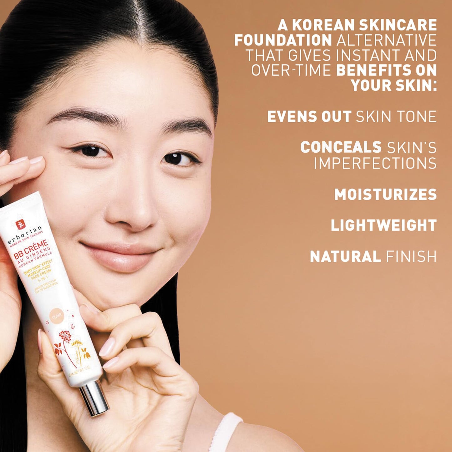 Erborian BB Cream with Ginseng, Caramel - Lightweight Buildable Coverage with SPF & Ultra-Soft Matte Finish Minimizes Pores & Imperfections - Korean Face Skincare - 1.5 Oz