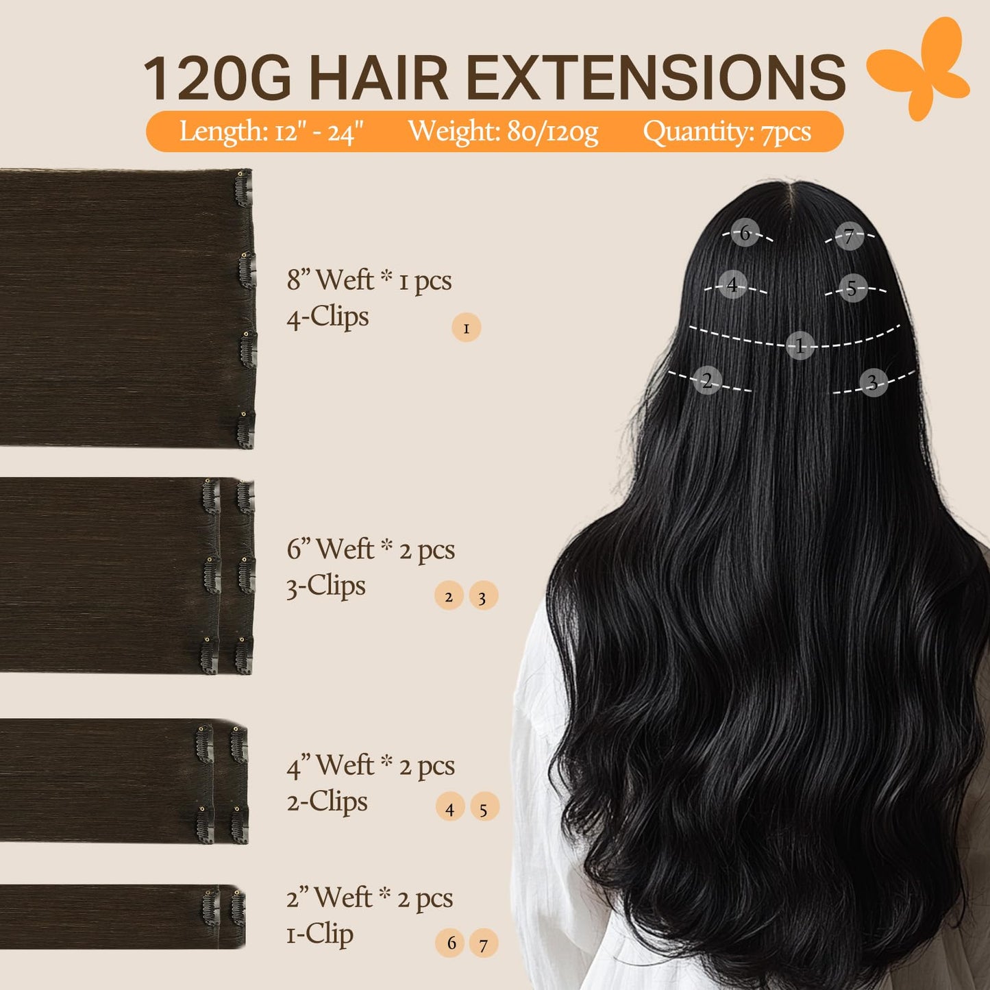 DOORES Clip in Hair Extensions Dark Brown 120g 7pcs 20 Inch Remy Human Hair Extensions Clip in Real Hair Extensions Natural Hair Straight Thick