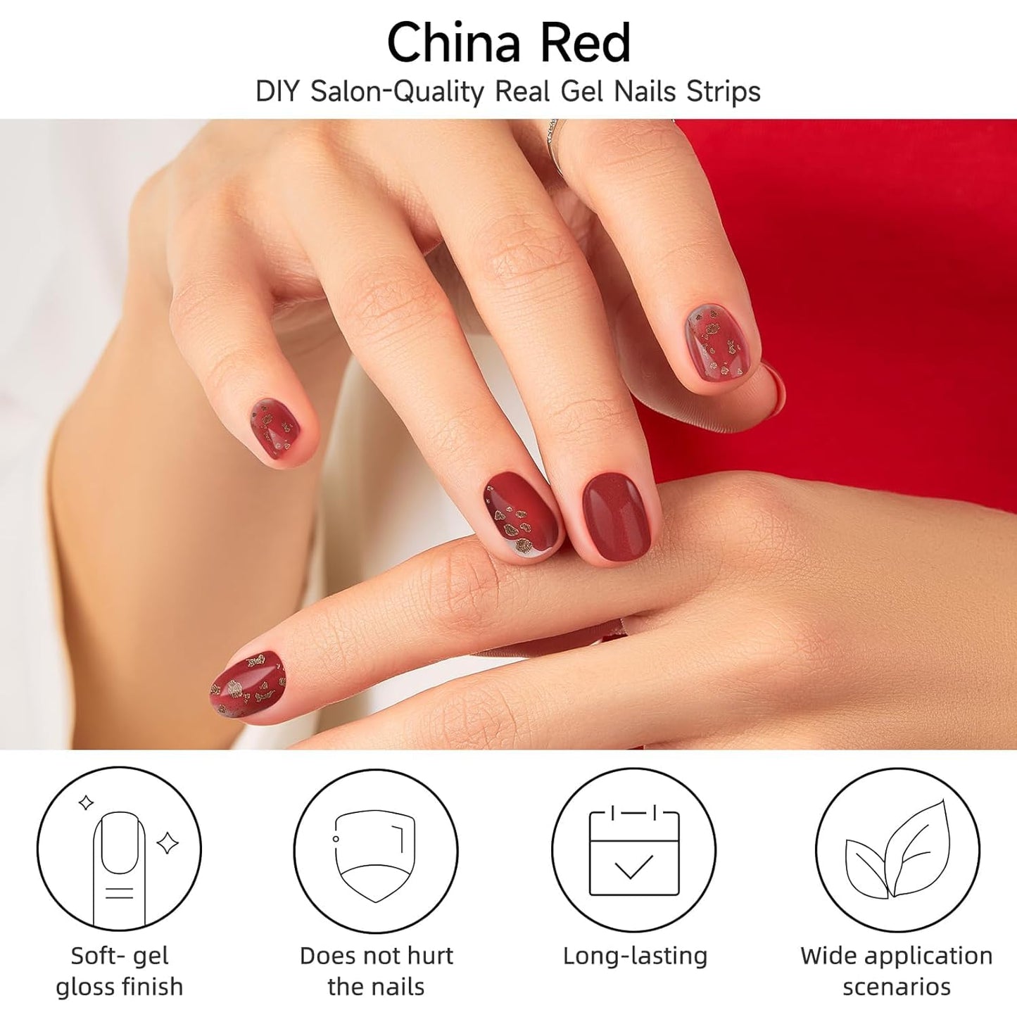 DUKASOU Semi Cured Gel Nail Strips for Christmas, 28 pcs Gel Nail Strips Work with Any UV Lamp, Long Lasting Gel Nail Stickers Full Nail Wraps, Salon Quality, Easy to Apply (China red)