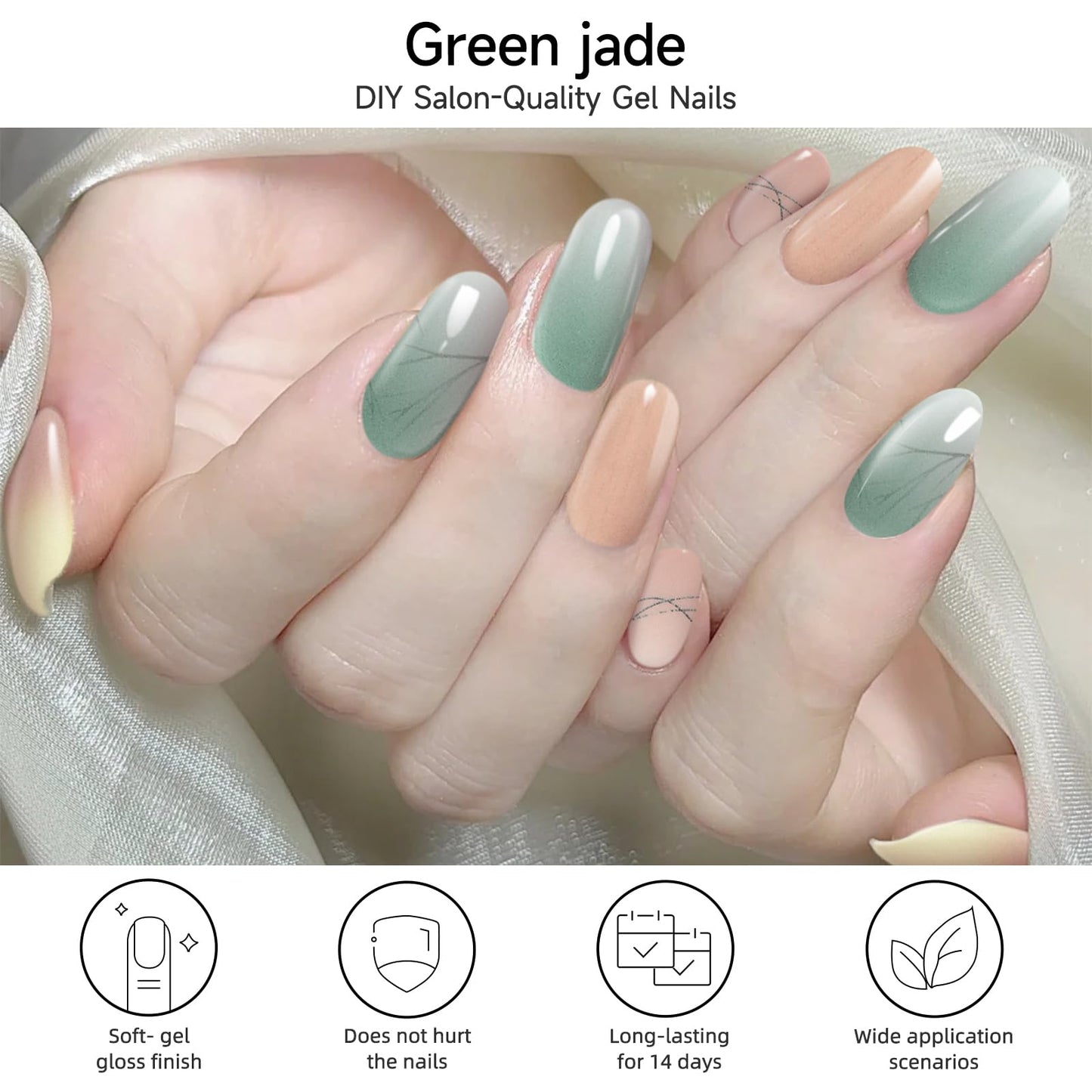 DUKASOU Semi Cured Gel Nail Strips, Green Jade | 28 pcs Chinese Style Gel Nail Strips Work with Any UV Lamp, Salon Quality New Chinese Nail Stickers, Include Prep Pads, Nail File&Wood Stick