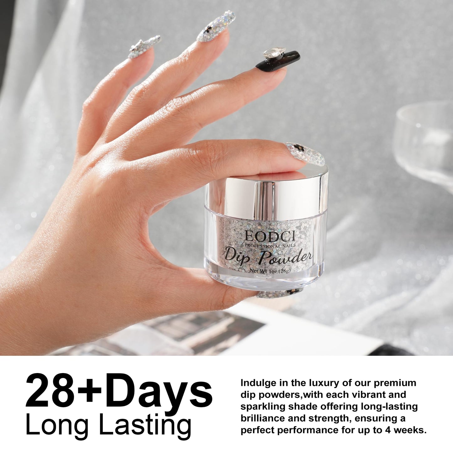 EODCI 1 Oz/28g Sequin Silver Dip Powder, Glitter Nail Dipping Powder French Powder Pro Collection System Nail Art Starter Manicure Salon DIY at Home, Odor-Free&Long-Lasting, No Needed Nail Lamp Curing