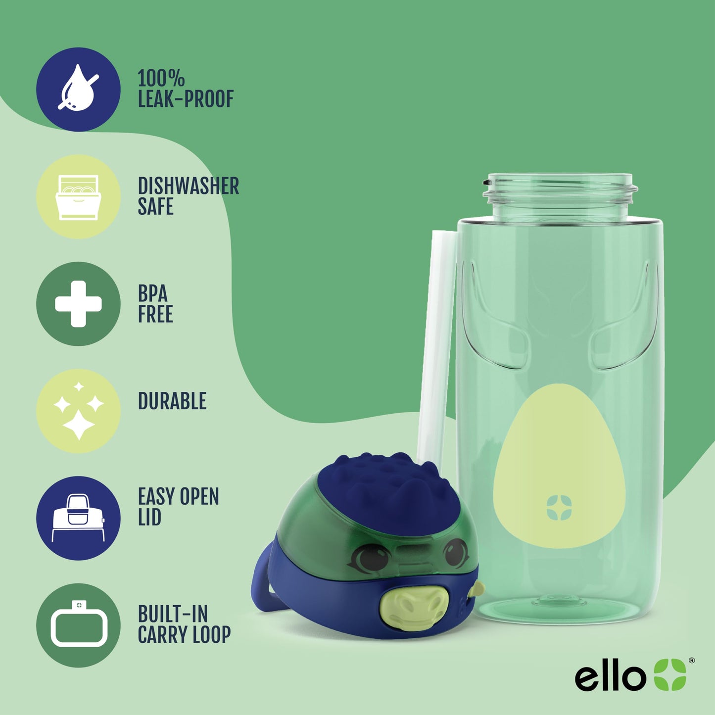 Ello Ellies 16oz Plastic Kids Water Bottle with Straw and Built-in Carrying Handle and Leak-Proof Locking Lid for School backpack, Lunchbox and Outdoor Sports, Dino