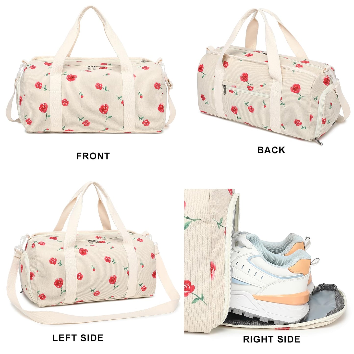 Duffle Bag for Gym Sports Women Girls Workout Travel Bag Weekender with Shoe Compartment and Wet Pocket (Corduroy-Red Rose)