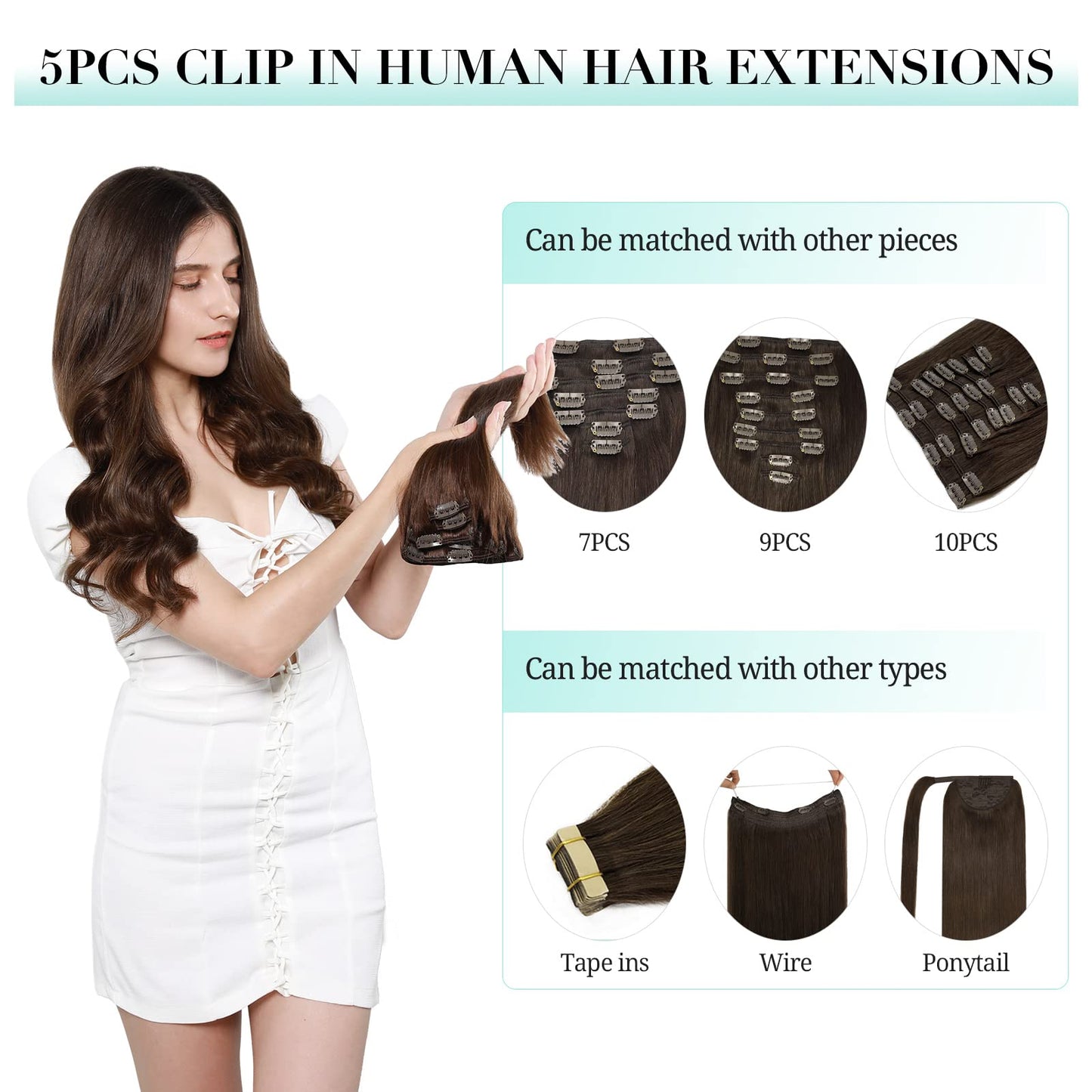 DOORES Hair Extensions Clip in Human Hair, 85g 5pcs Medium Brown Highlighted Golden Blonde Balayage 22 Inch Clip in Human Hair Extensions Real Natural Hair Extensions Straight