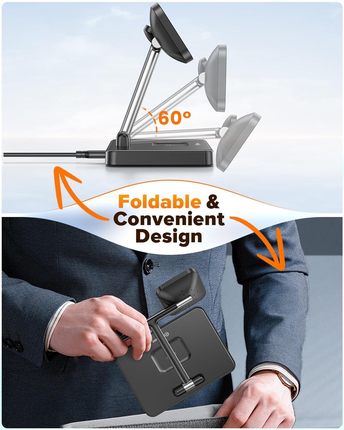 DUMTERR 3 in 1 Foldable Wireless Charging Station for Mag-Safe Charger for iPhone 16/15/14/13/12,for Apple Watch Series & AirPods - Wireless Charger Stand with N52 Strong Magnetic & Safety Protections
