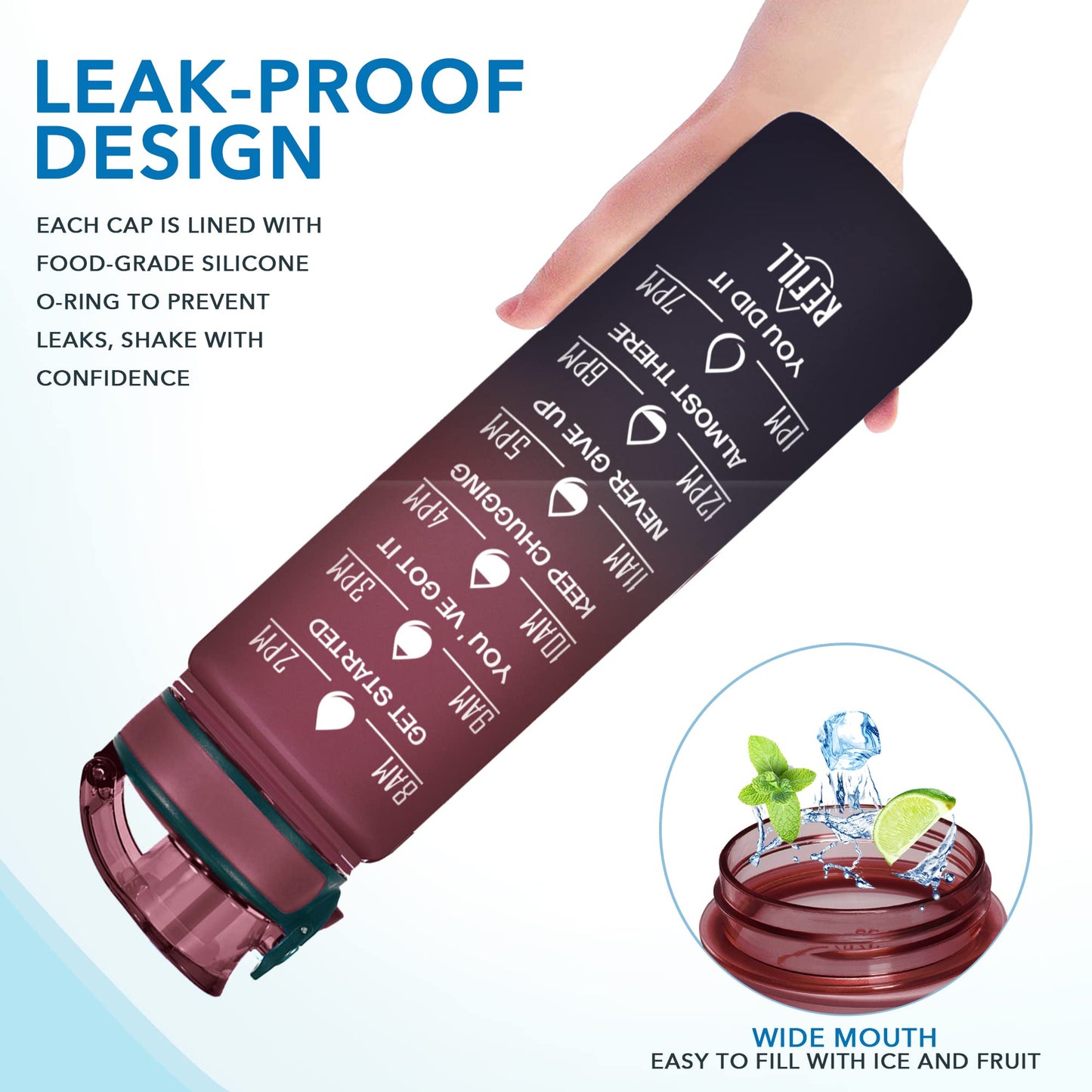 Enerbone 32 oz Water Bottle, Leakproof BPA & Toxic Free, Motivational Water Bottle with Times to Drink and Straw, Fitness Sports Water Bottle with Strap for Office, Gym, Outdoor Sports