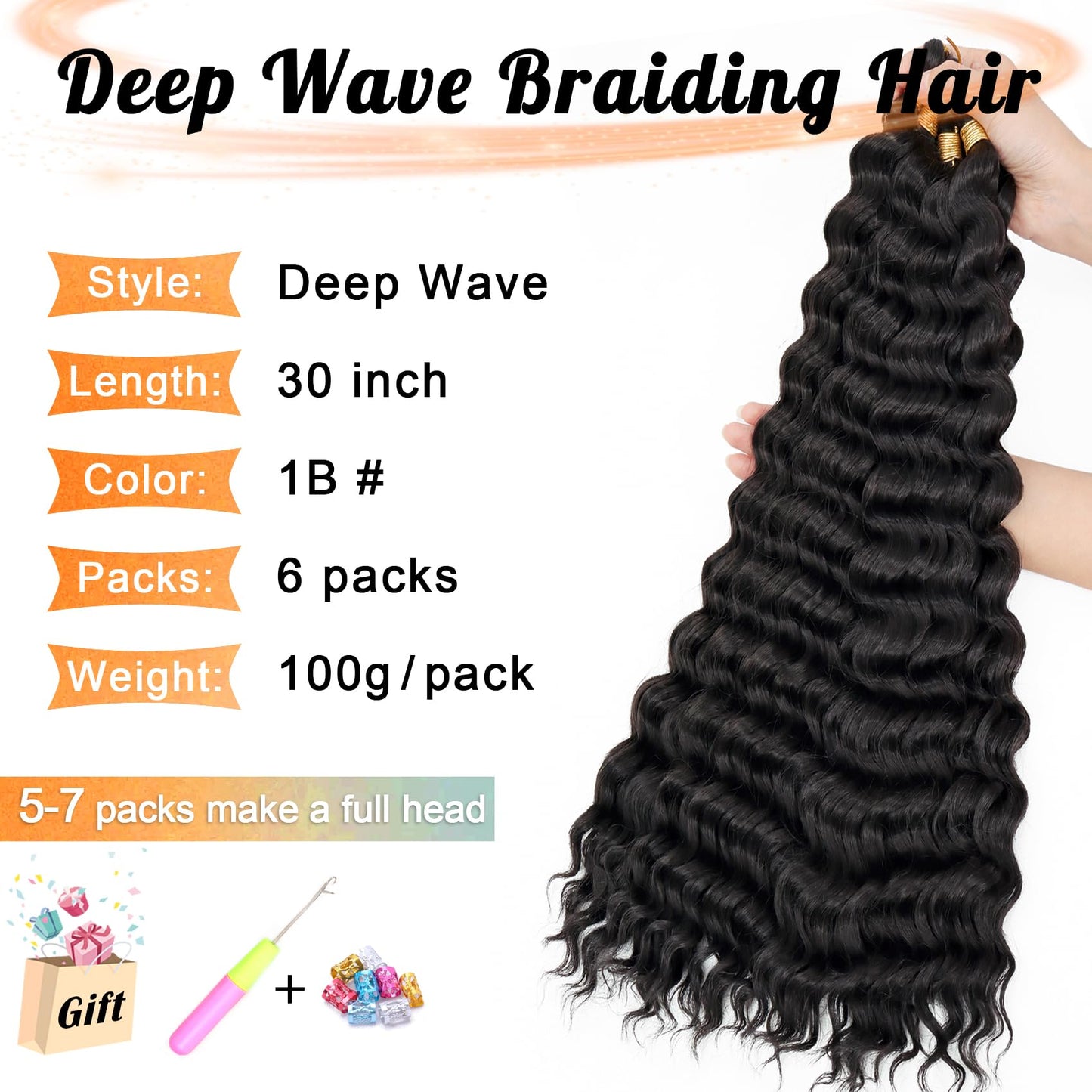 Eerya Ocean Wave Crochet Hair 30 Inch 6 Packs Deep Wave Crochet Hair for Black Women Synthetic Wavy Curly Braiding Hair for Boho Braids (30 inch,1B)