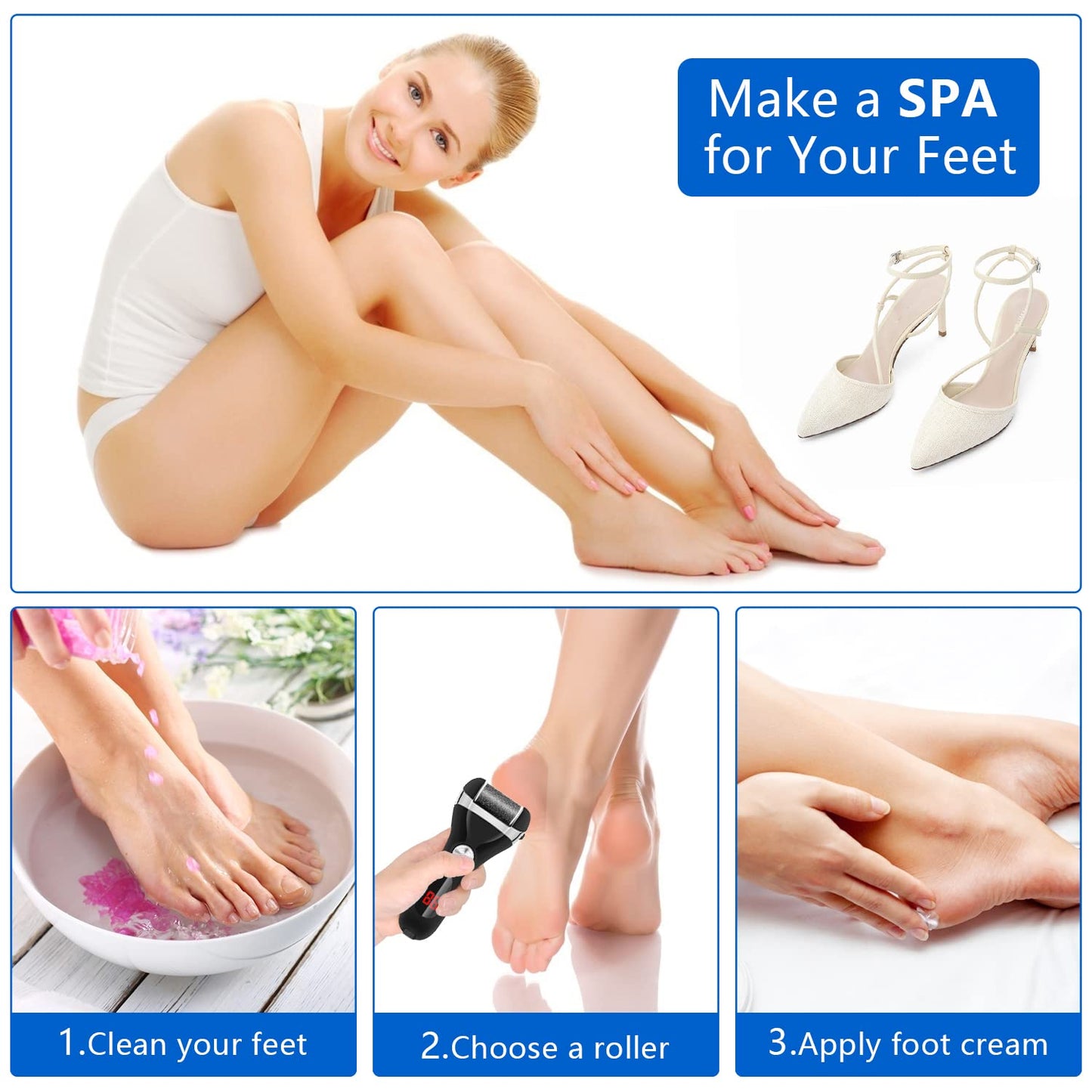 Electric Foot Callus Remover Kit, Elmchee Rechargeable Pedicure Tools Foot Care Feet File with 3 Roller Heads,2 Speed,Battery Display for Remove Cracked Heels Calluses and Dead Skin(Black)