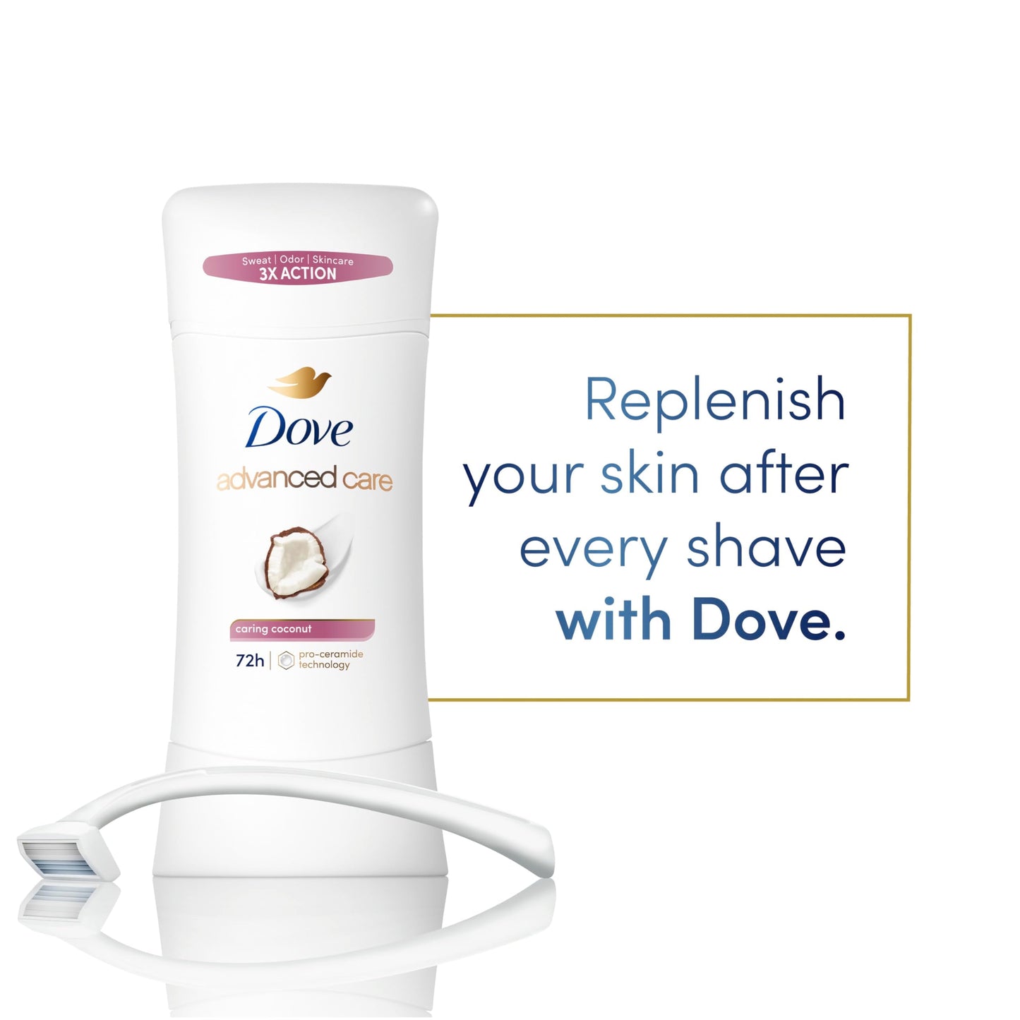 Dove Advanced Care Antiperspirant Deodorant Stick Caring Coconut for Helping Repair Skin Barrier After Shaving, with 72-Hour Sweat & Odor Protection, 2.6 oz