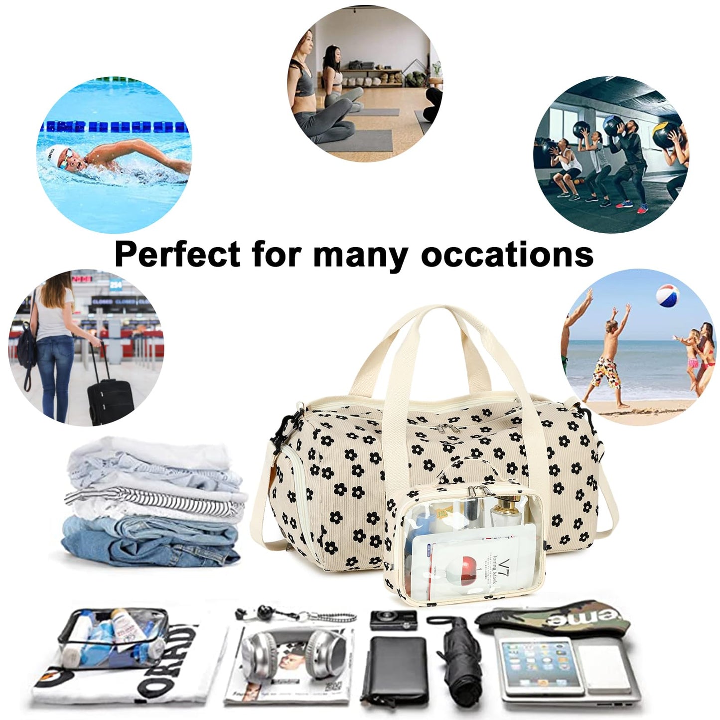 Duffle Bag for Gym Sports Women Girls Workout Travel Bag Weekender with Shoe Compartment and Wet Pocket (2-Corduroy-Black floral)