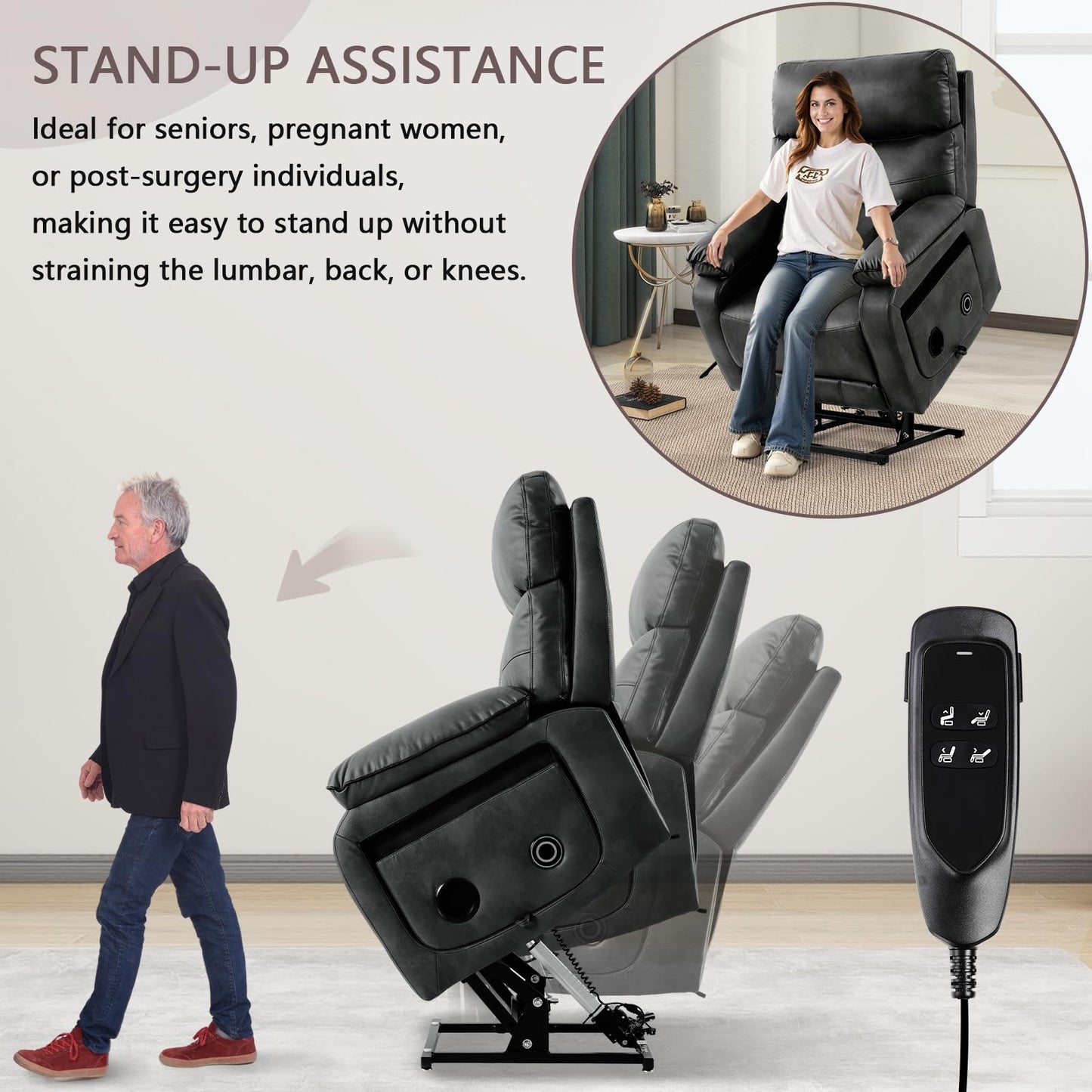 Dual Motor Power Lift Recliner Chair for Adult & Elderly, Infinite Position Lay Flat Lift Chair with Heat & Massage, Cup Holder, Lumbar Pillow, Wireless Charger, USB Ports, Leather (Silver Grey)