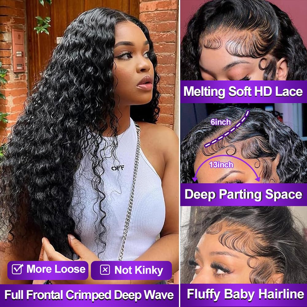13x6 Deep Wave Lace Front Wigs Human Hair 200 Density HD Lace Frontal Wigs Human Hair 28 Inch Deep Curly Glueless Wigs Human Hair Pre Plucked with Baby Hair Curly Wigs for Women Natural Color