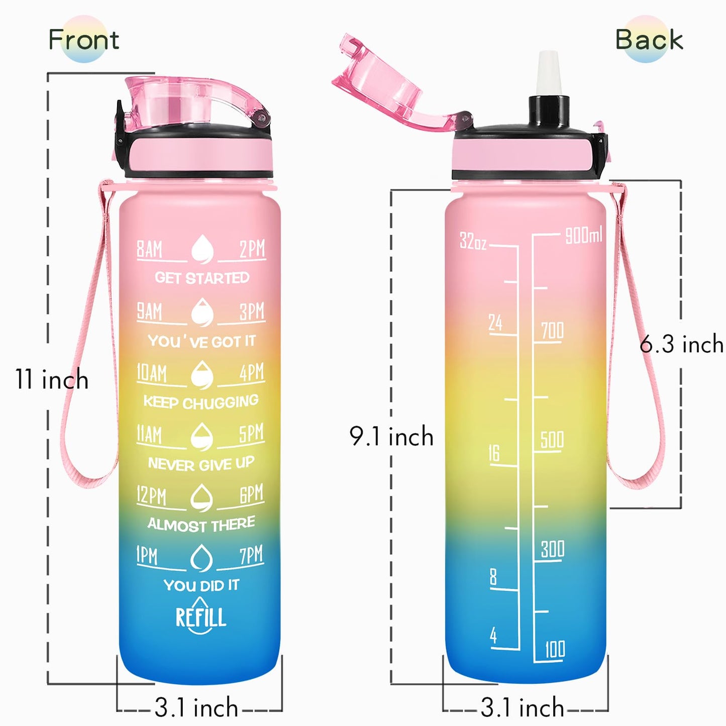 Enerbone 32 oz Water Bottle, Leakproof BPA & Toxic Free, Motivational Water Bottle with Times to Drink and Straw, Fitness Sports Water Bottle with Strap for Office, Gym, Outdoor Sports