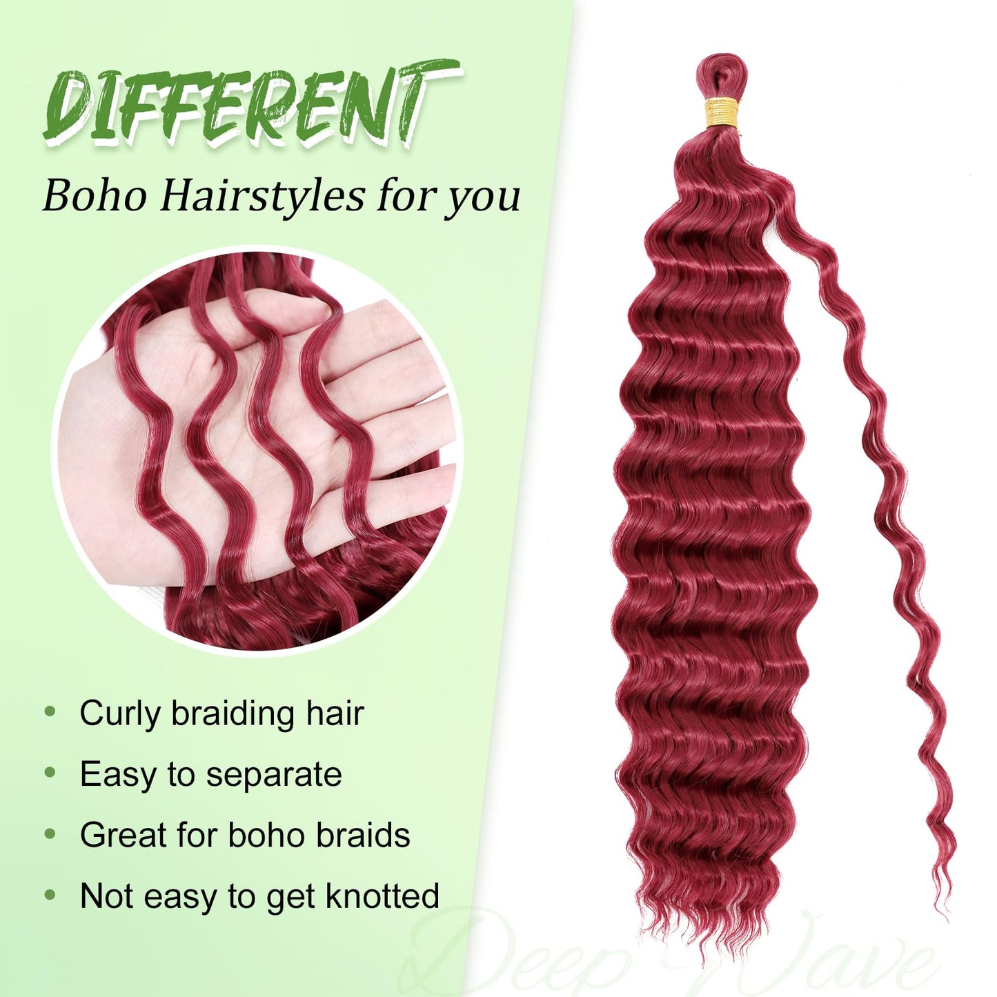 Eerya Long Curly Braiding Hair 18 Inch 2 Packs Burgundy Ocean Wave Crochet Hair for Black Women Deep Wave Braiding Hair for Boho Braids (18 inch, BUG)