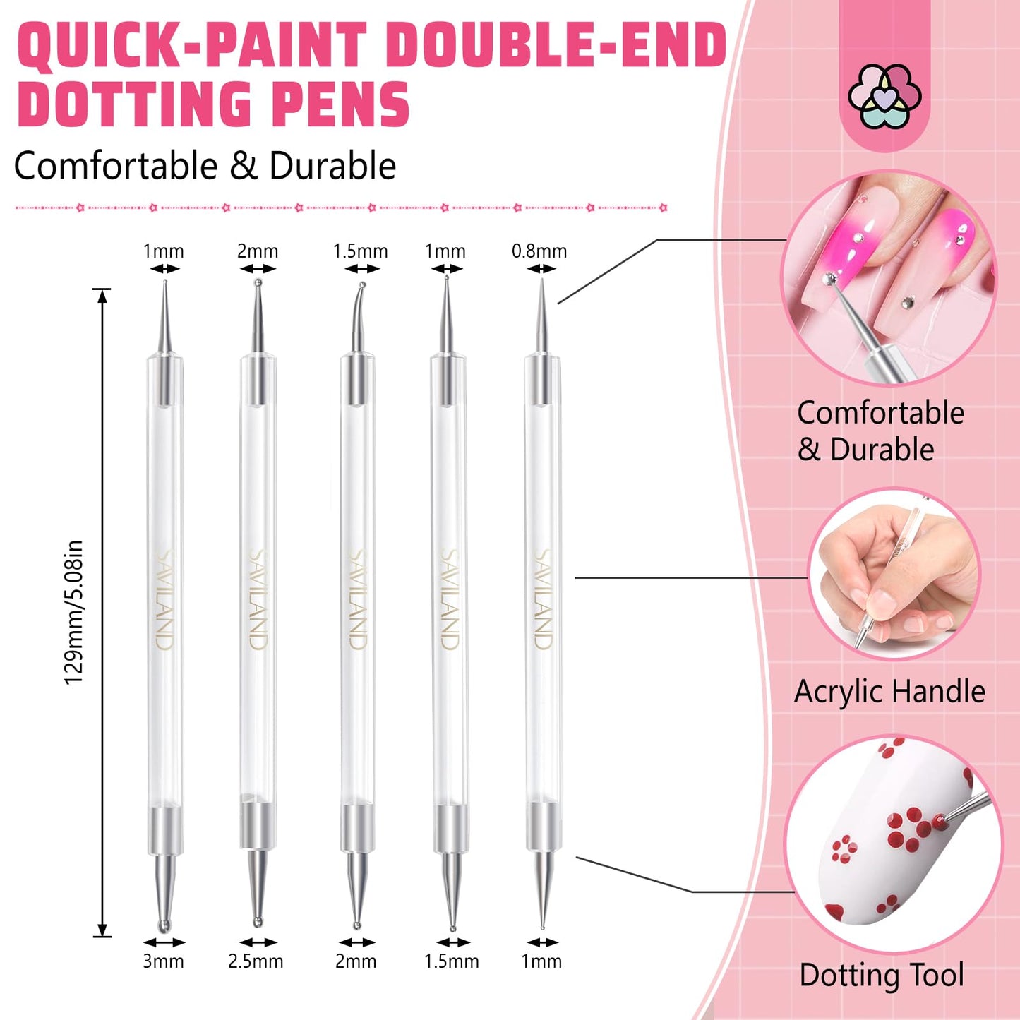 SAVILAND Quick-Paint Dotting Tools Nail Art Pen: 5PCS Multi-Size Nail Art Tools Double Ended Nail Design Kit for Dot Drawing Home Salon, Pattern Tracing Pen, Ball Embossing Pen for Transfer Paper