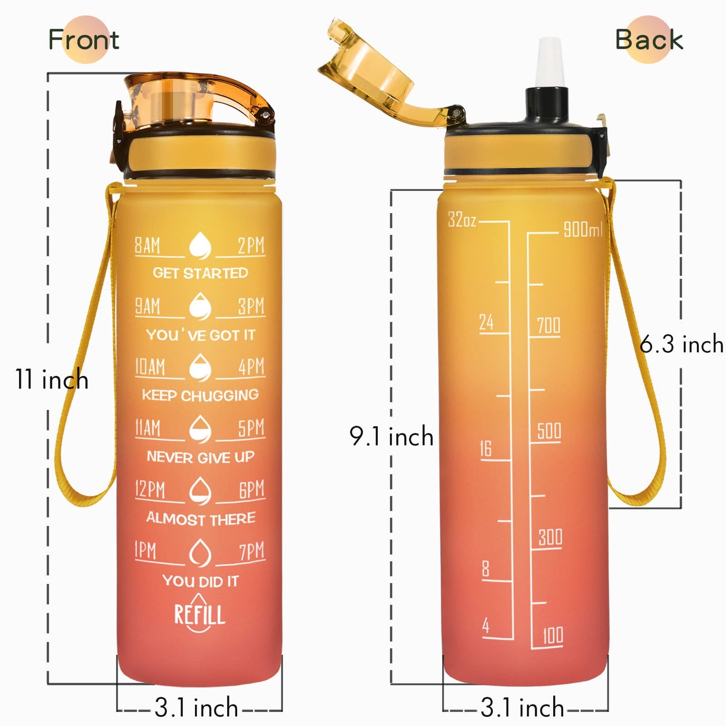 Enerbone 32 oz Water Bottle, Leakproof BPA & Toxic Free, Motivational Water Bottle with Times to Drink and Straw, Fitness Sports Water Bottle with Strap for Office, Gym, Outdoor Sports