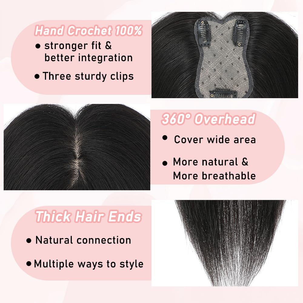 EROADE Toppers for Women Real Human Hair, 3D Human Hair Toppers for Women with Thinning Hair 165% Density Middle Part Clip in Bangs Toppers Hair Pieces (Black, Wispy Bangs)
