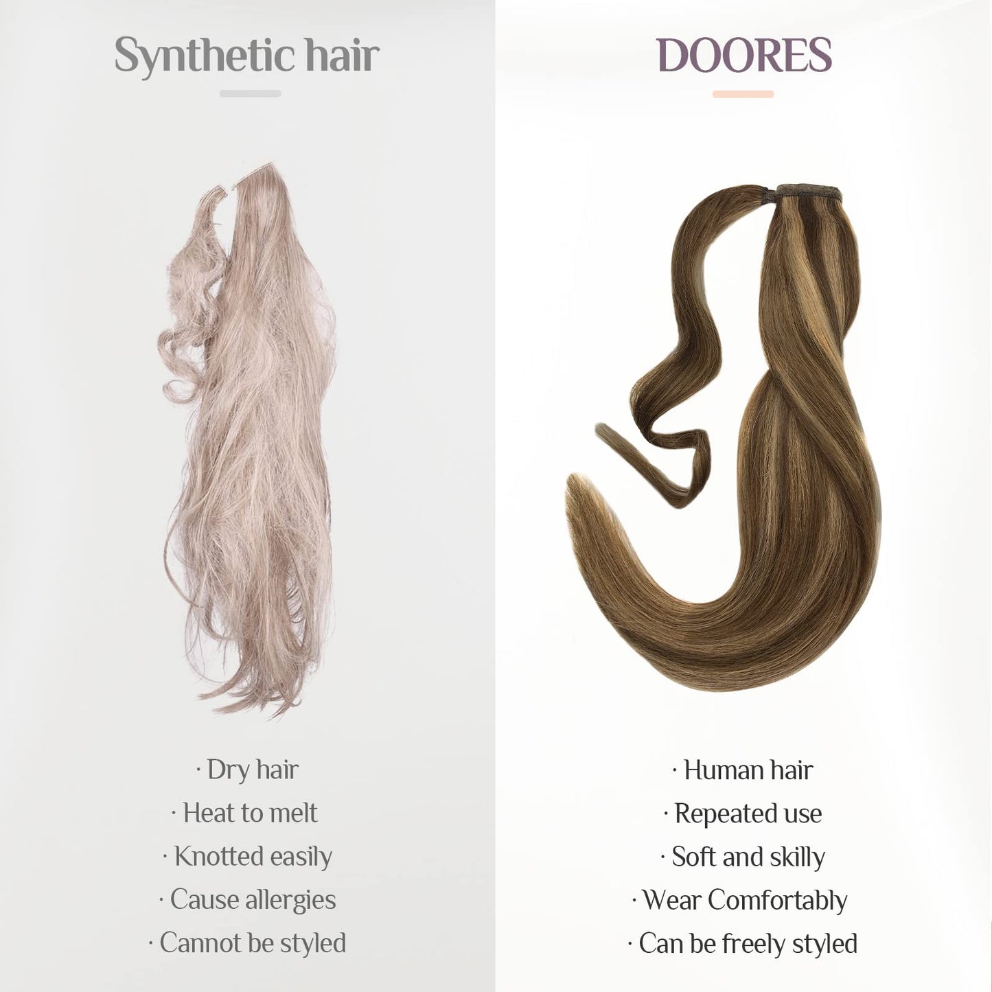 DOORES Hair Extensions Human Hair Ponytail Extensions Balayage Chocolate Brown Mixed Caramel Blonde 18 Inch 80g Clip In Human Hair Extensions Straight Wrap Around Ponytail Piece with Magic Paste