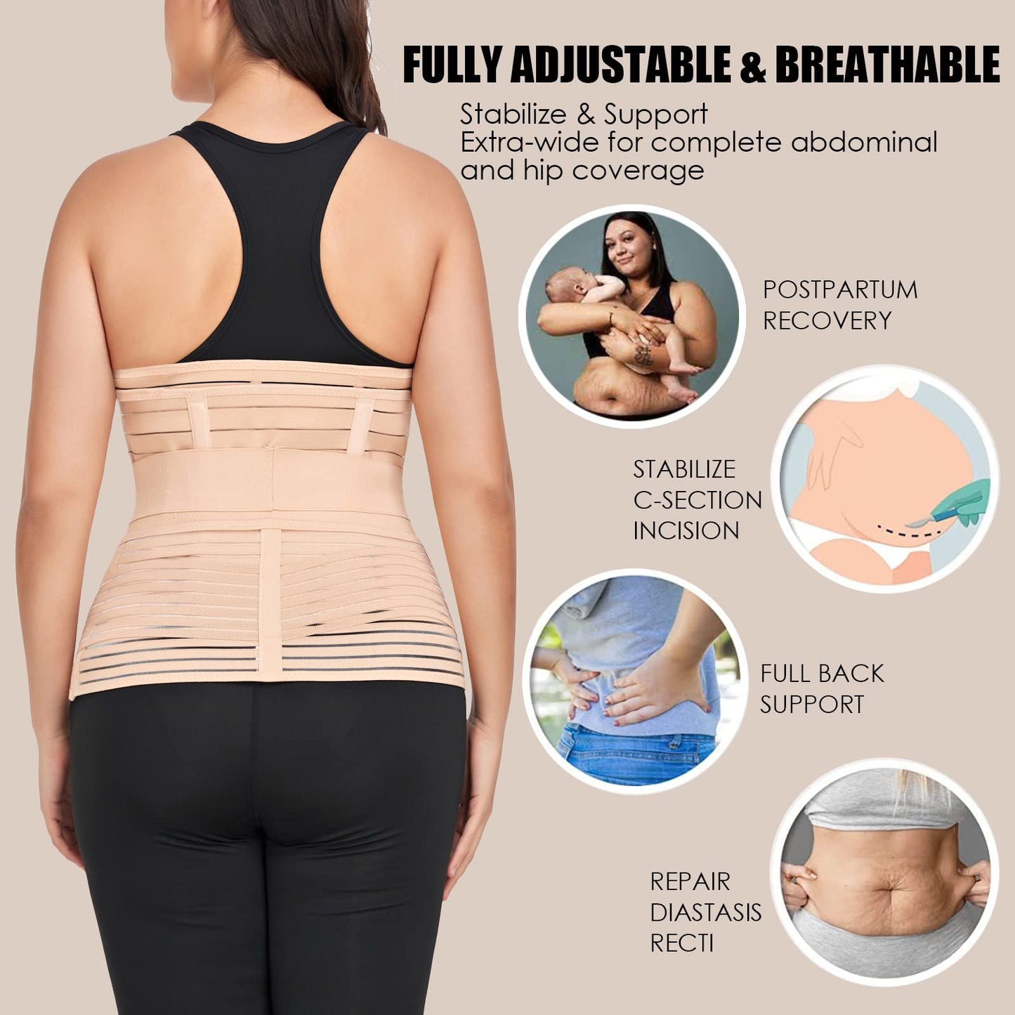3 in 1 Postpartum Belly Band Wrap Support Recovery Girdles Abdominer Binder Post Surgery Belly&Waist&Pelvis Support Belt & Back Brace (Beige, X-Large)