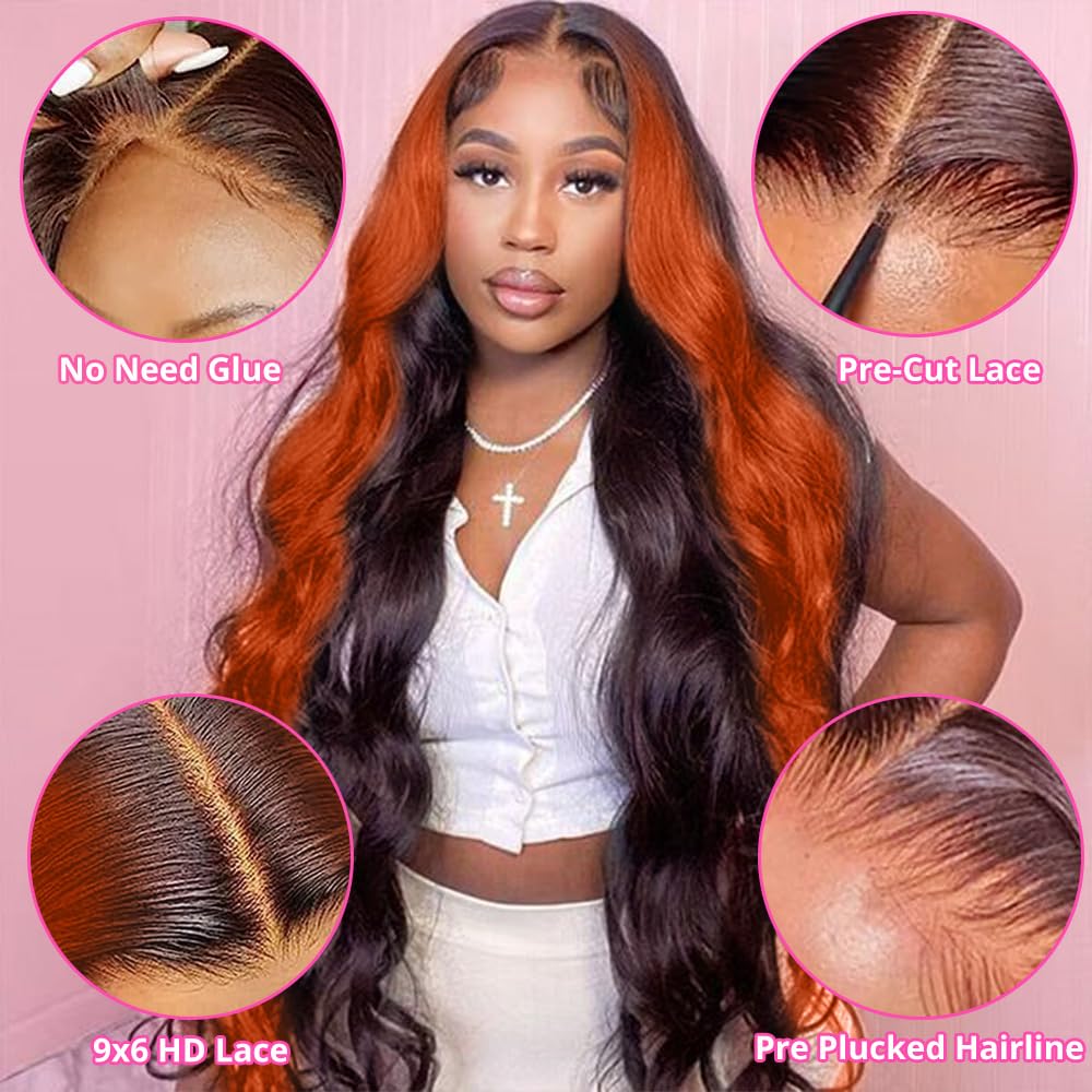 200% Density 9X6 Ginger Lace Front Wigs Human Hair Pre Plucked for Women Ombre 9X6 HD Transparent Ginger Orange Lace Front Wigs Human Hair Glueless Ginger Colored Lace Front Wigs Human Hair(18 INCH)