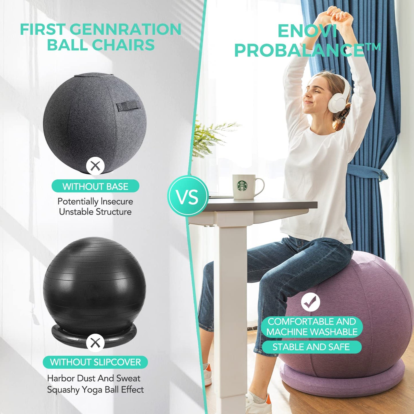 ENOVI ProBalanceΩ Ball Chair, Yoga Ball Chair Exercise Ball Chair with Slipcover and Base for Home Office Desk, Birthing & Pregnancy, 75cm, CR
