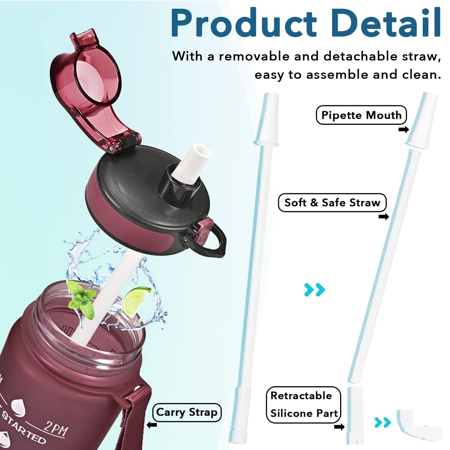 Enerbone 32 oz Water Bottle, Leakproof BPA & Toxic Free, Motivational Water Bottle with Times to Drink and Straw, Fitness Sports Water Bottle with Strap for Office, Gym, Outdoor Sports