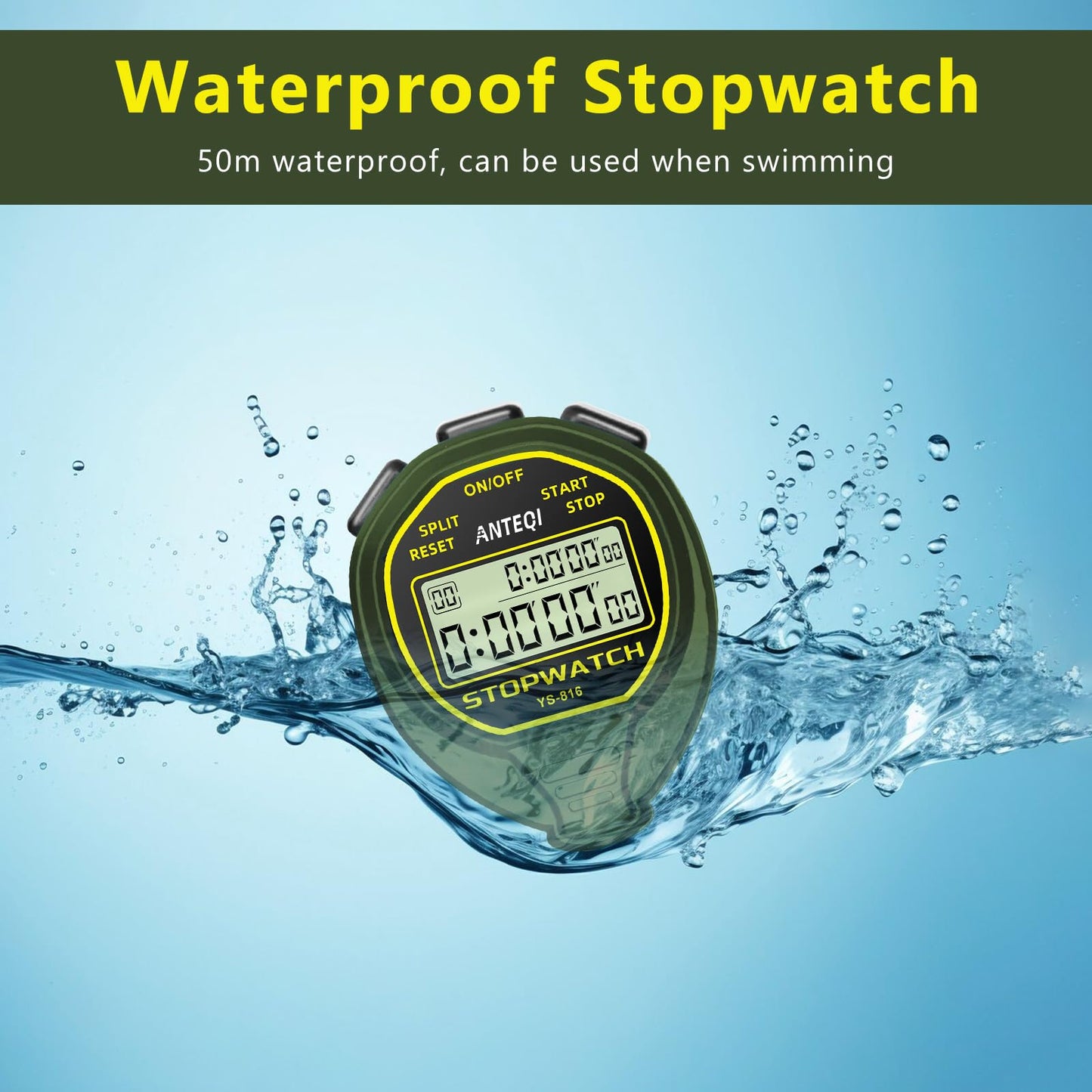 20 Laps Memory Stopwatch Waterproof, ON/Off Function Digital Simple Stopwatch Timer, No Clock No Calendar No Alarm, Silent Stop Watch for Sports Coaches Swimming Running, Green