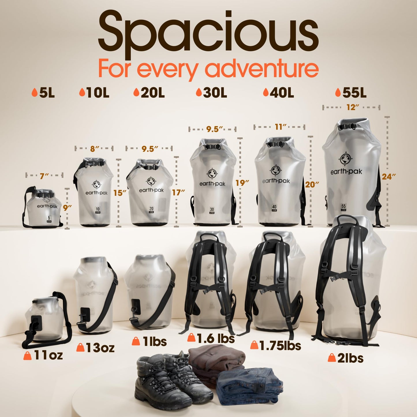 Earth Pak Waterproof Dry Bag - Roll Top Waterproof Backpack Sack Keeps Gear Dry for Kayak with Waterproof Phone Case