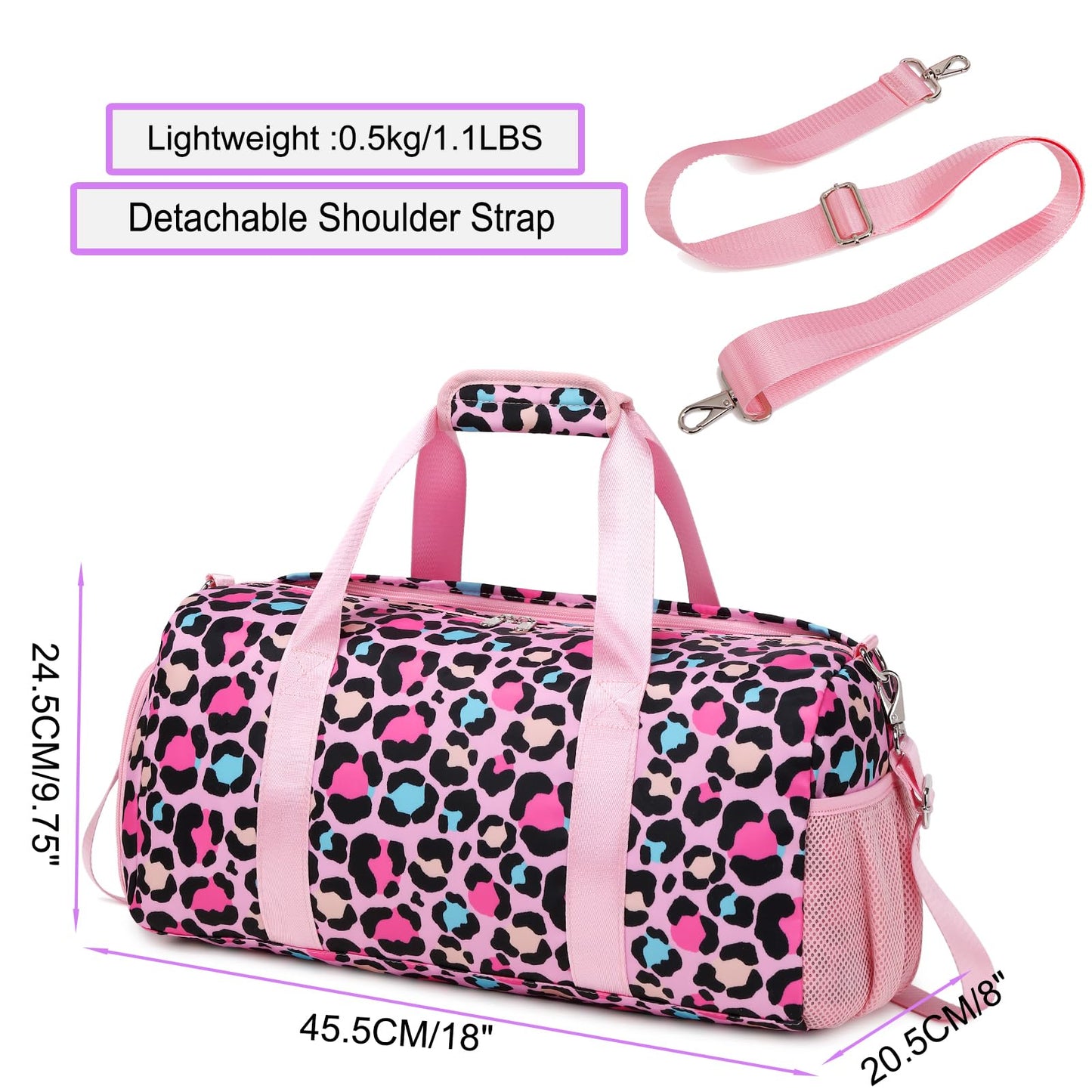 Duffle Bag for Teens Girls Teen Dance Bag Leopard Print Pink Gym Bag with Shoes Compartment & Wet Separation Waterproof Sports Overnight Travel Bag