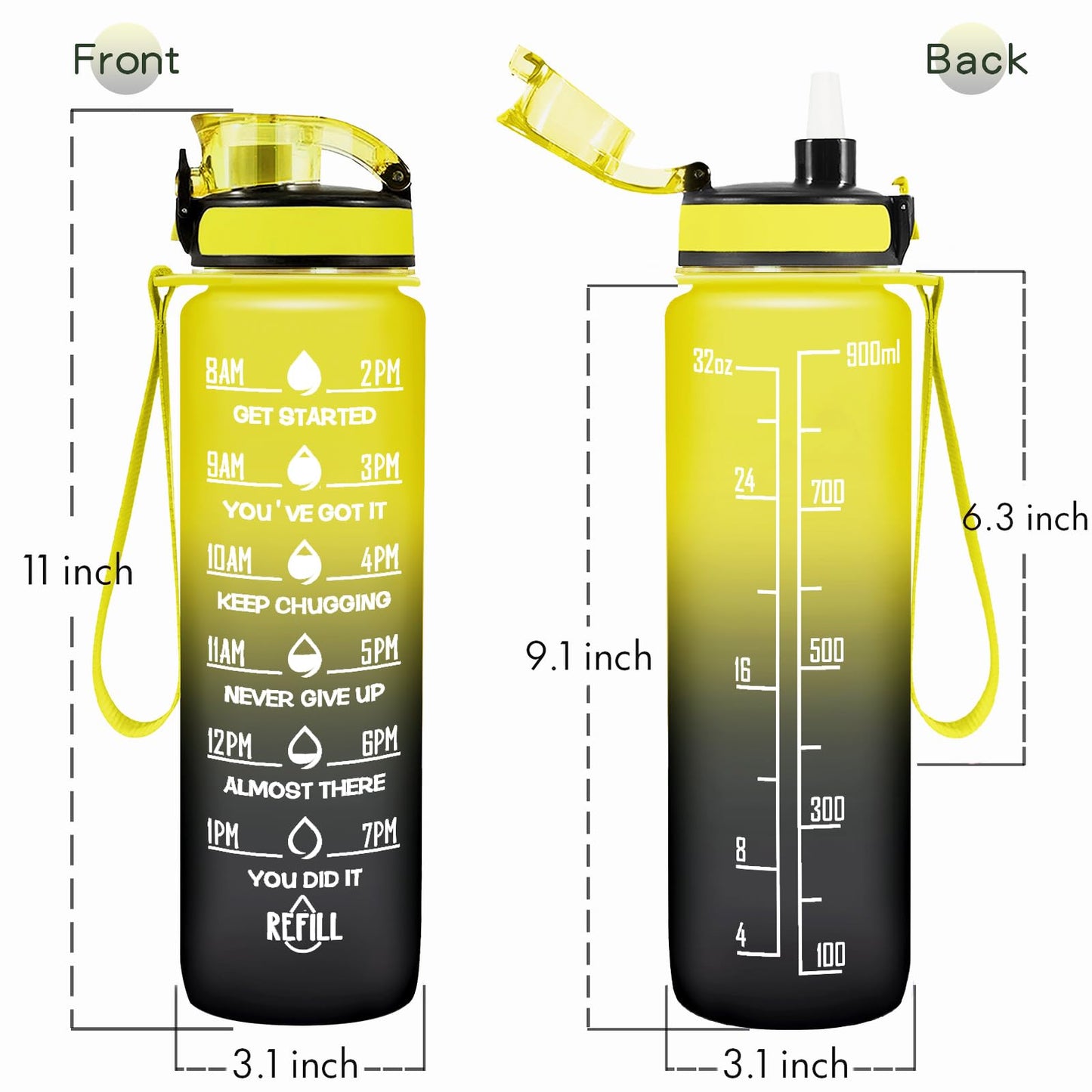 Enerbone 32 oz Water Bottle, Leakproof BPA & Toxic Free, Motivational Water Bottle with Times to Drink and Straw, Fitness Sports Water Bottle with Strap for Office, Gym, Outdoor Sports