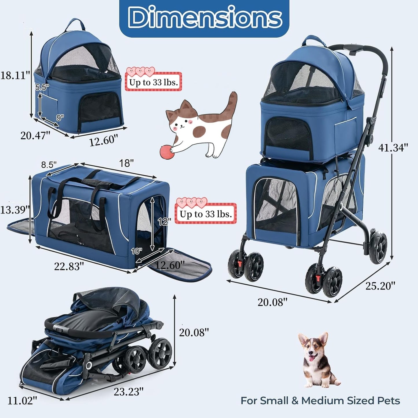 Double Dog Stroller for 2 Dogs, Detachable Carriers, Safety Belt, Lockable Wheels, Pet Travel Carrier Strolling Cart, Folding Cat Stroller for Small Medium Pets Dogs (Blue)