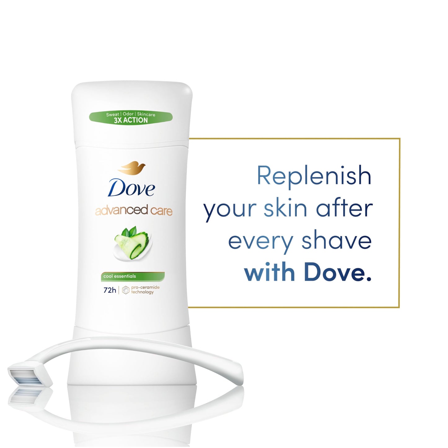 Dove Advanced Care Anti Deo Stick Cool Essentials Pack of 12 for helping your skin barrier repair after shaving 72 h odor control and all-day sweat protection with Pro Ceramide Technology 2.6 oz