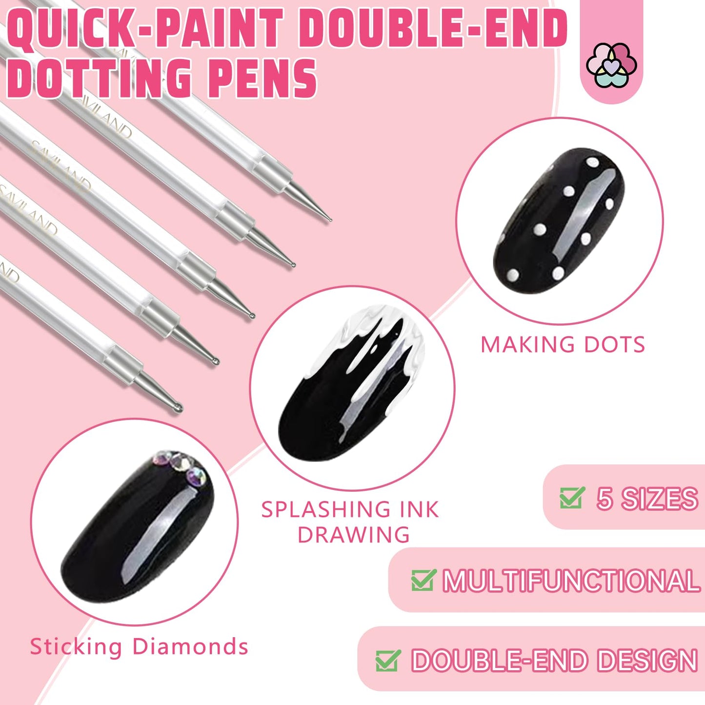 SAVILAND Quick-Paint Dotting Tools Nail Art Pen: 5PCS Multi-Size Nail Art Tools Double Ended Nail Design Kit for Dot Drawing Home Salon, Pattern Tracing Pen, Ball Embossing Pen for Transfer Paper