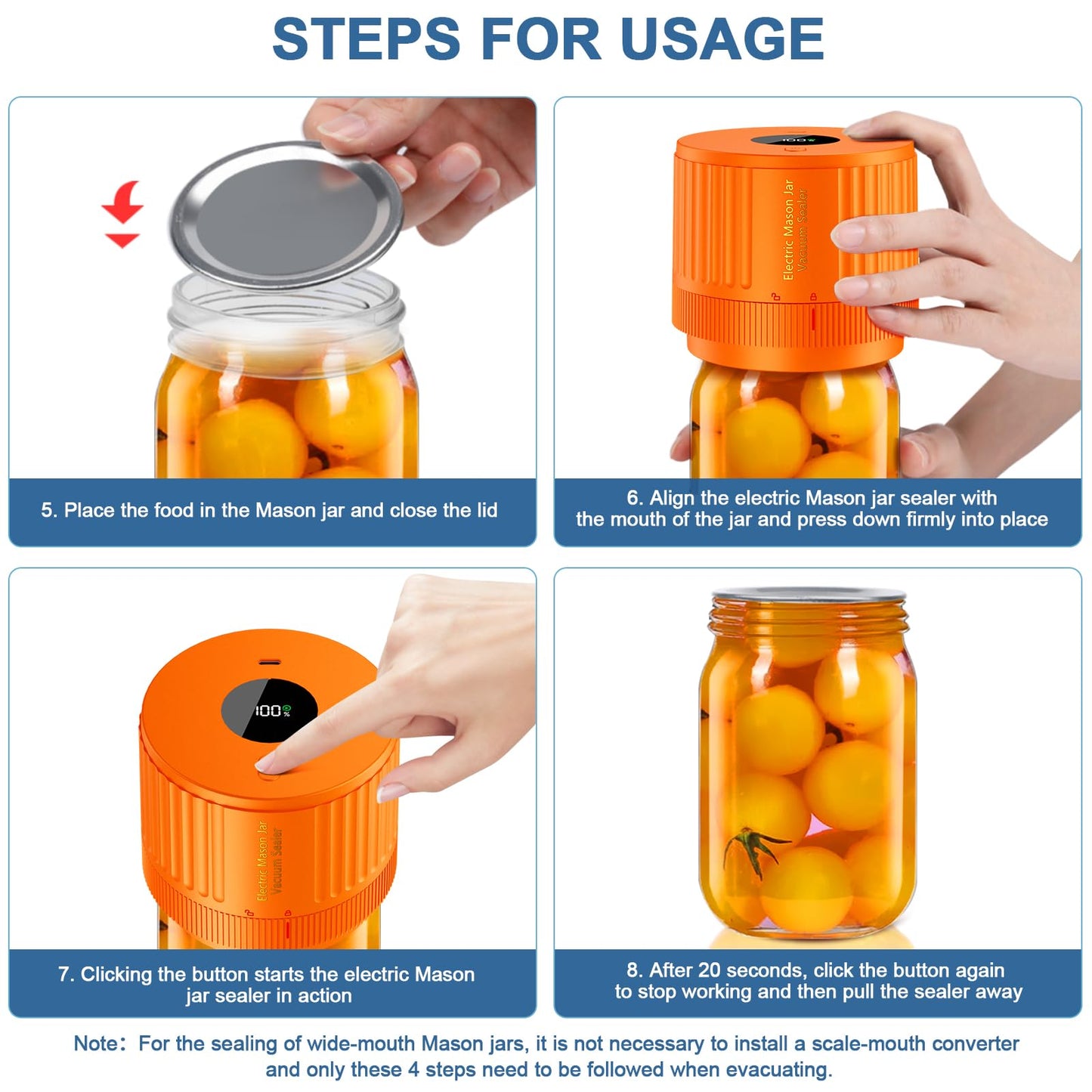 Electric Mason Jar Vacuum Sealer, Cordless Vacuum Sealer Kit with Wide-Mouth & Regular-Mouth Mason Jar Lids, Canning Vacuum Sealer for Food Storage and Fermentation, Orange