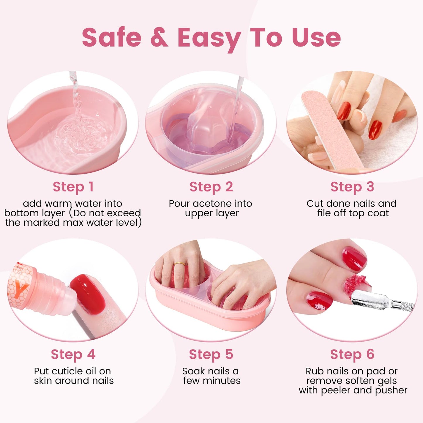 Dual Nail Soaking Bowl Acetone Proof: Soak Off Gel Nail Polish Dip Powder Remover Bowl- Cut the Soaking Time in Half Manicure Bowl for Salon Home (D2-Pink)