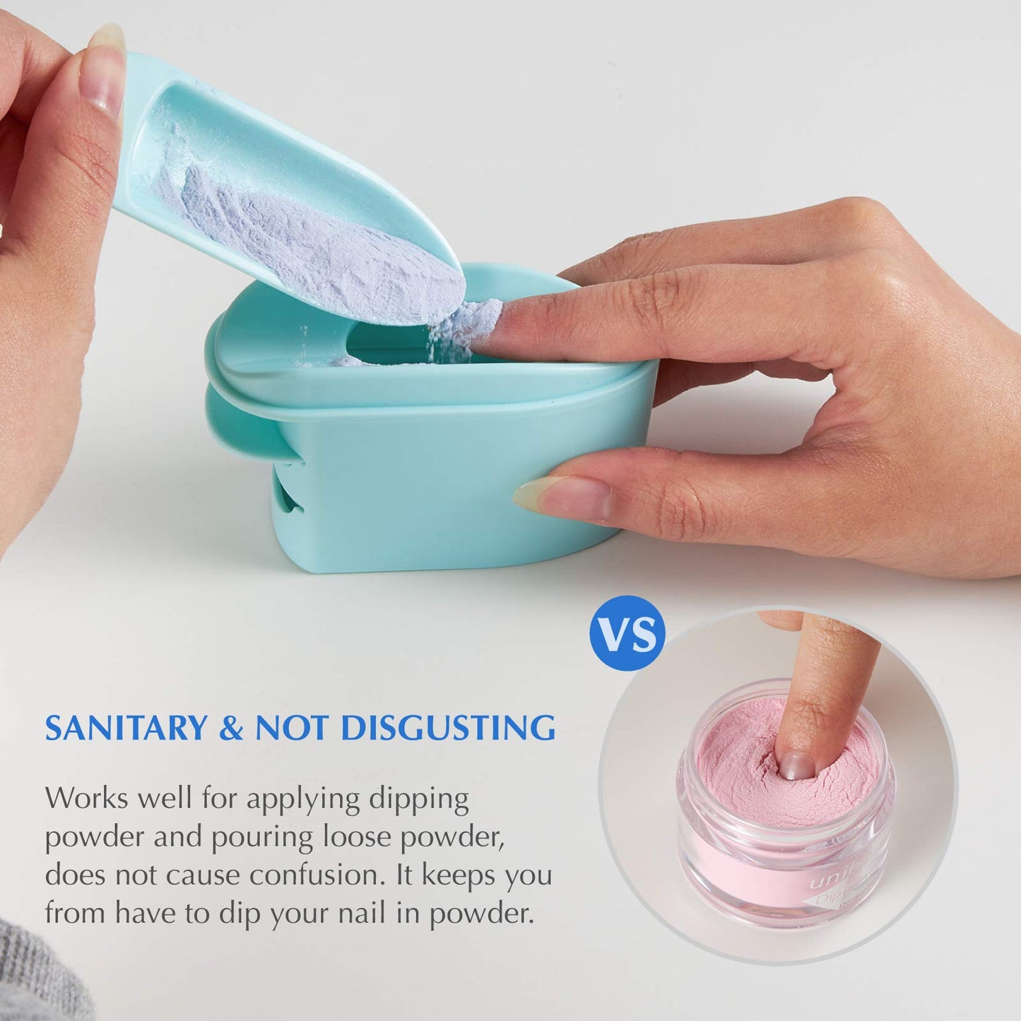 2-in-1 Dip Powder Recycling Tray System & French Tip Mold Dip Nail Tray - Nail Powder Glitter Rhinestones Pearls Saver Holder Storage Container Recycling Tool - French Smile Line Making Mold - Blue