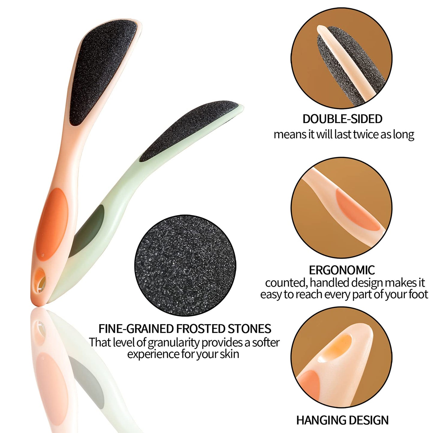 2-Pack Double-Sided Pumice Stone for Feet, Foot Pumice with Handle, Ergonomic Easy to Reach, Feet Scrubber with Fine-Grained Frosted Stones, for Callus Removal, Improve Circulation Foot Care