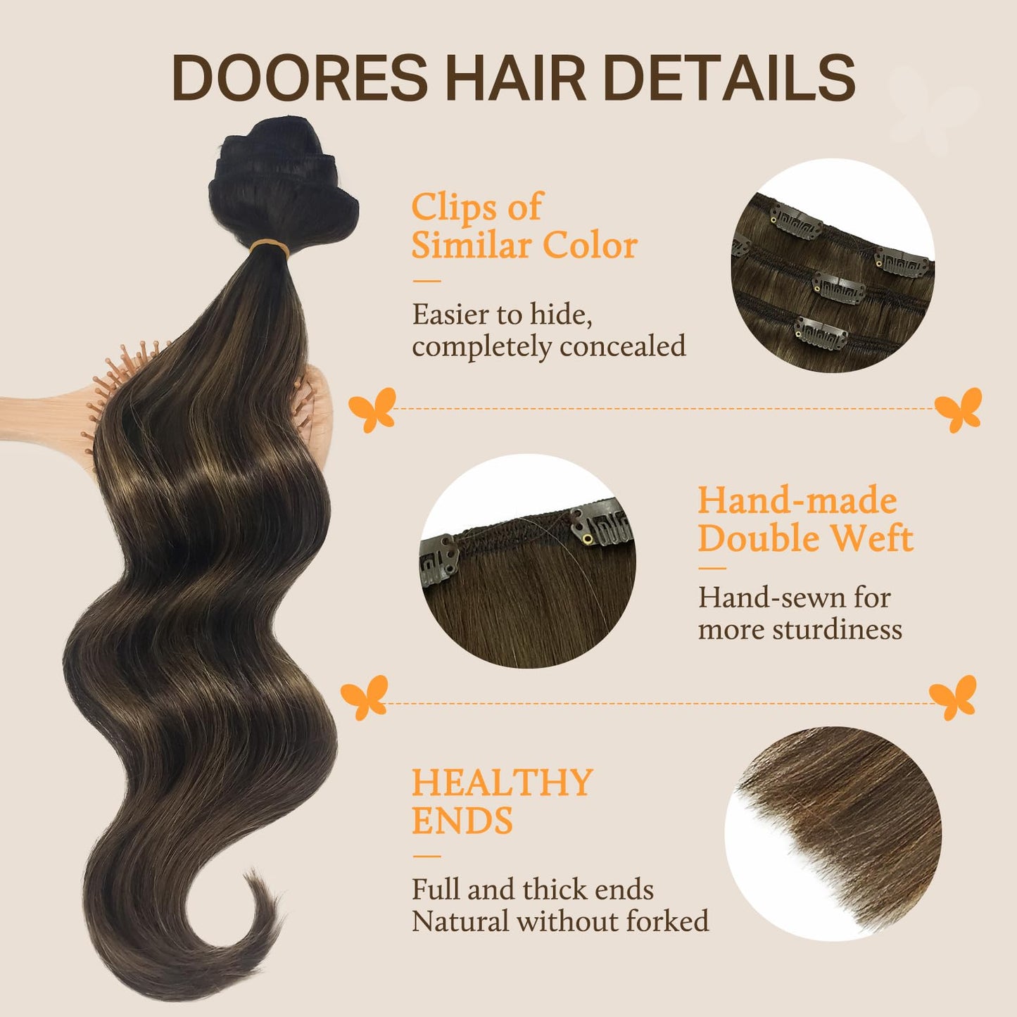 DOORES Clip in Hair Extensions Real Human Hair, Balayage Dark Brown to Chestnut Brown 12 Inch 7pcs 80g, Human Hair Clip in Extensions Extensions For Women Clip in Natural Hair Extensions Straight Hair