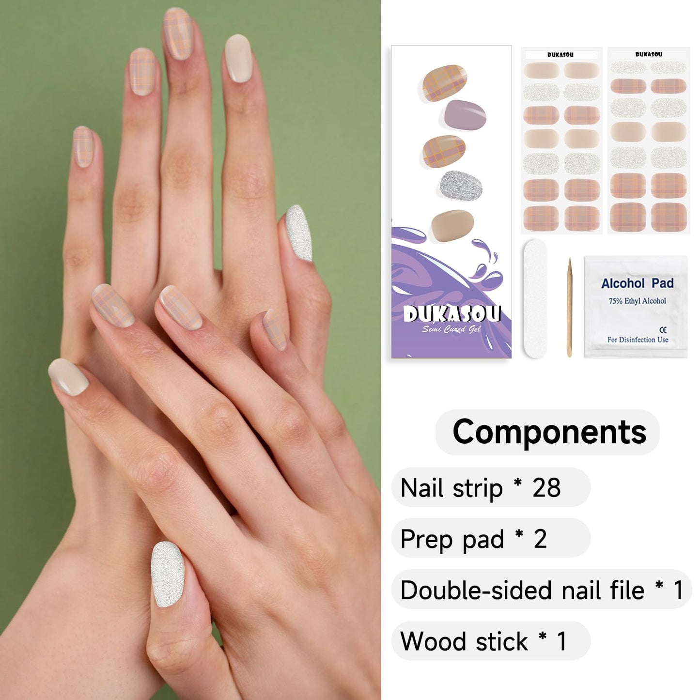 DUKASOU Semi Cured Gel Nail Strips, Milk Brown Sugar | 28 pcs Gel Nail Strips Work with Any UV Lamp, Salon Quality UV Nails Stickers, Easy to Apply for Home Nails DIY