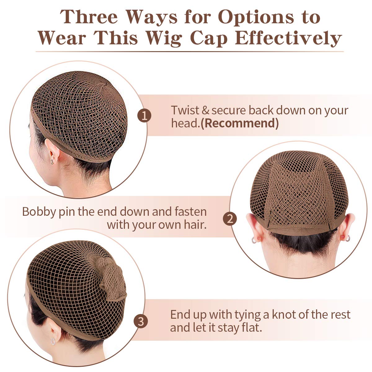 Dreamlover Mesh Wig Cap for Women, Hair Net for Halloween Wig, Brown, 3 Pieces