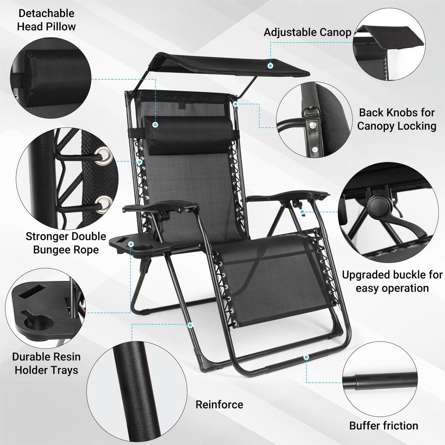 DuangDuang Zero Gravity Chairs Set of 2, Oversized Outdoor Recliner Patio Lounge Chair with Canopy Shade, Foldable Outdoor Lounger with Cup Holder Tray for Backyard Beach Camping, Black