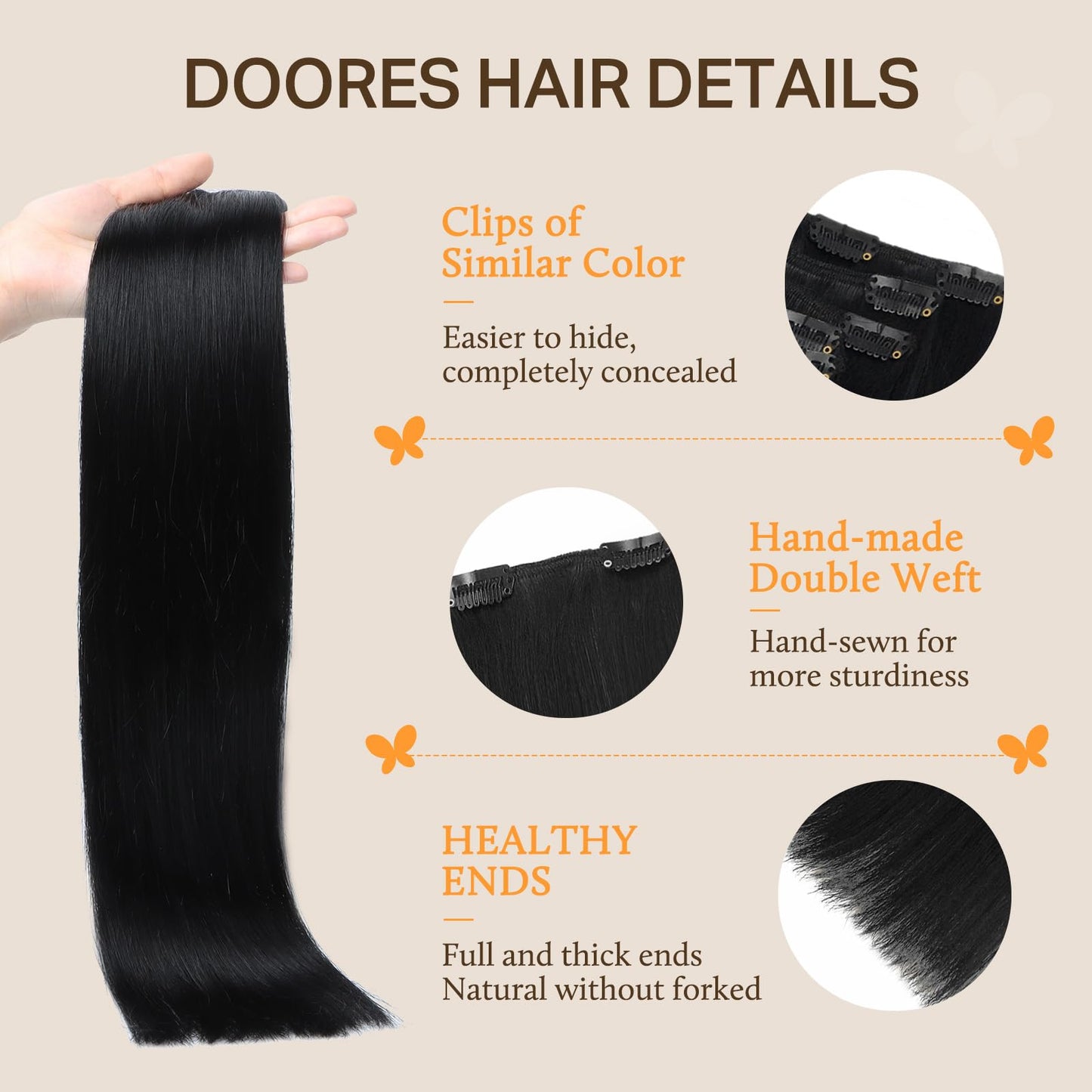 DOORES Clip in Hair Extensions Dark Brown 120g 7pcs 20 Inch Remy Human Hair Extensions Clip in Real Hair Extensions Natural Hair Straight Thick